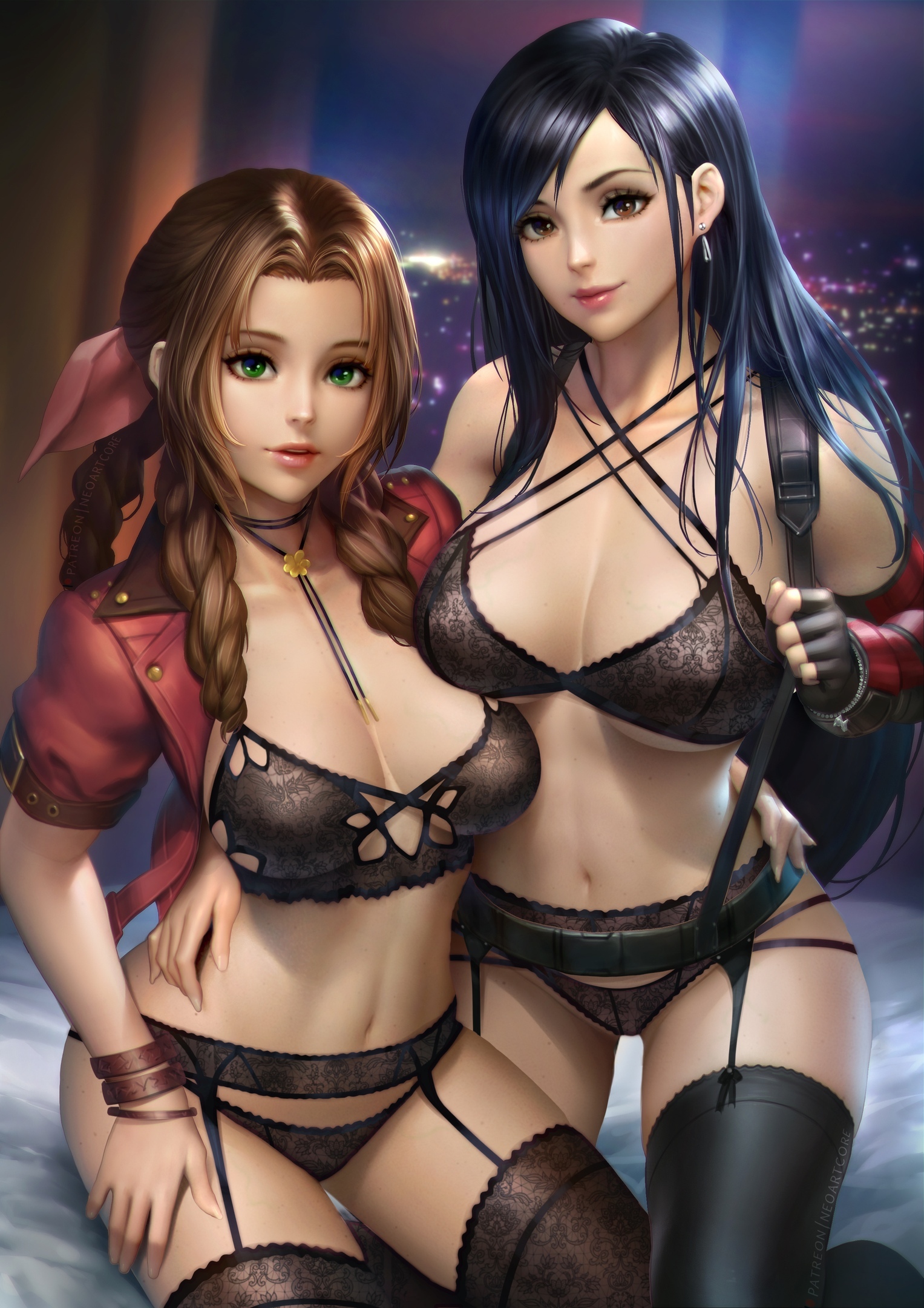2girls, aerith gainsborough, black bra, black hair, black lingerie, black panties, bra, brown hair, clothed, clothed female, clothes, female, female only, final fantasy, final fantasy vii, final fantasy vii remake, fully clothed, green eyes, jacket, lingerie, long hair, midriff, neoartcore, panties, red eyes, revealing clothes, square enix, stockings, tifa lockhart, underwear