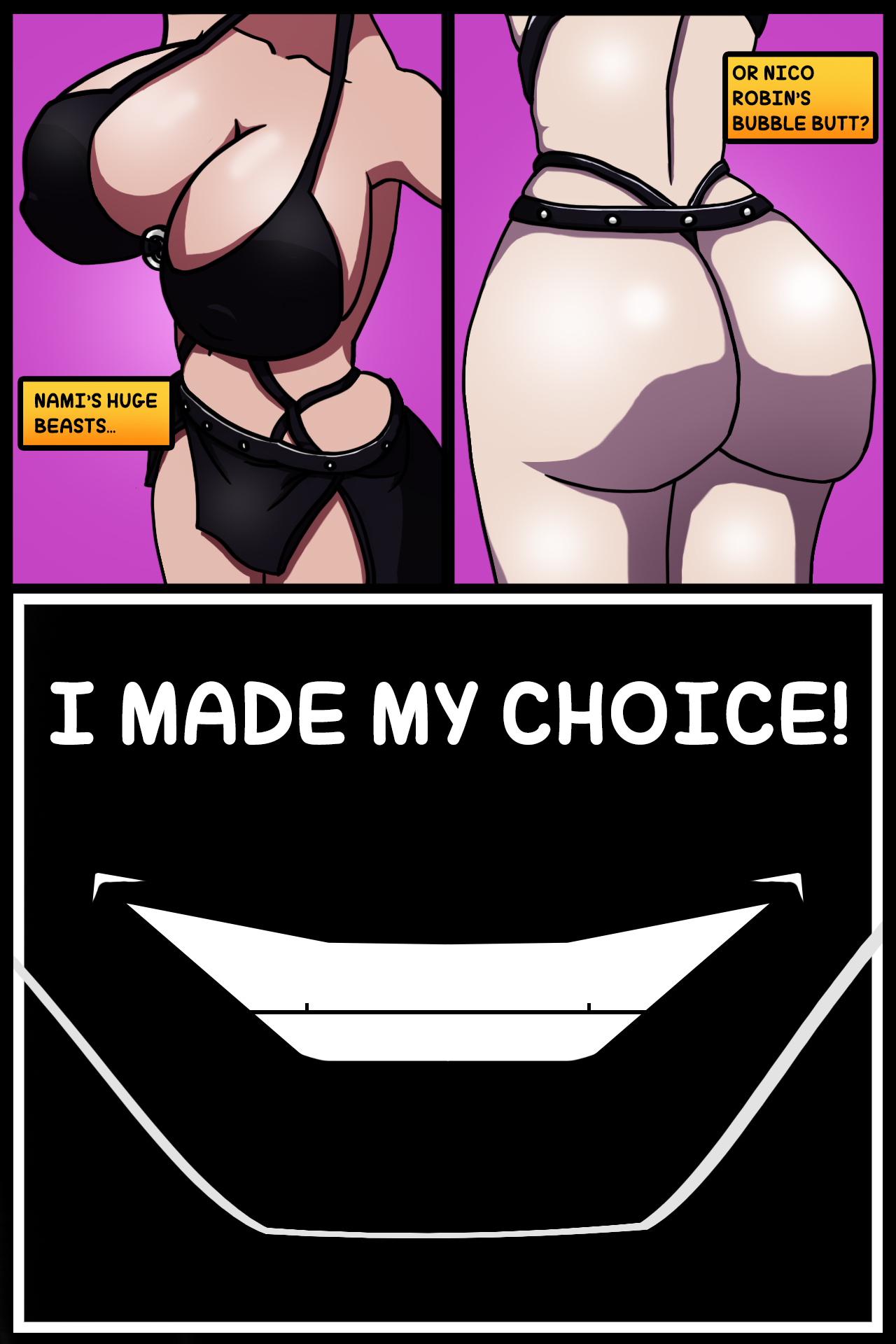 1boy, 2girls, ass, big ass, big breasts, big butt, bikini, breasts, bubble ass, bubble butt, clothed, comics, dialogue, female, holymonster, male, nami (one piece), nico robin, one piece, silhouette, skirt, smile, thick thighs, thong