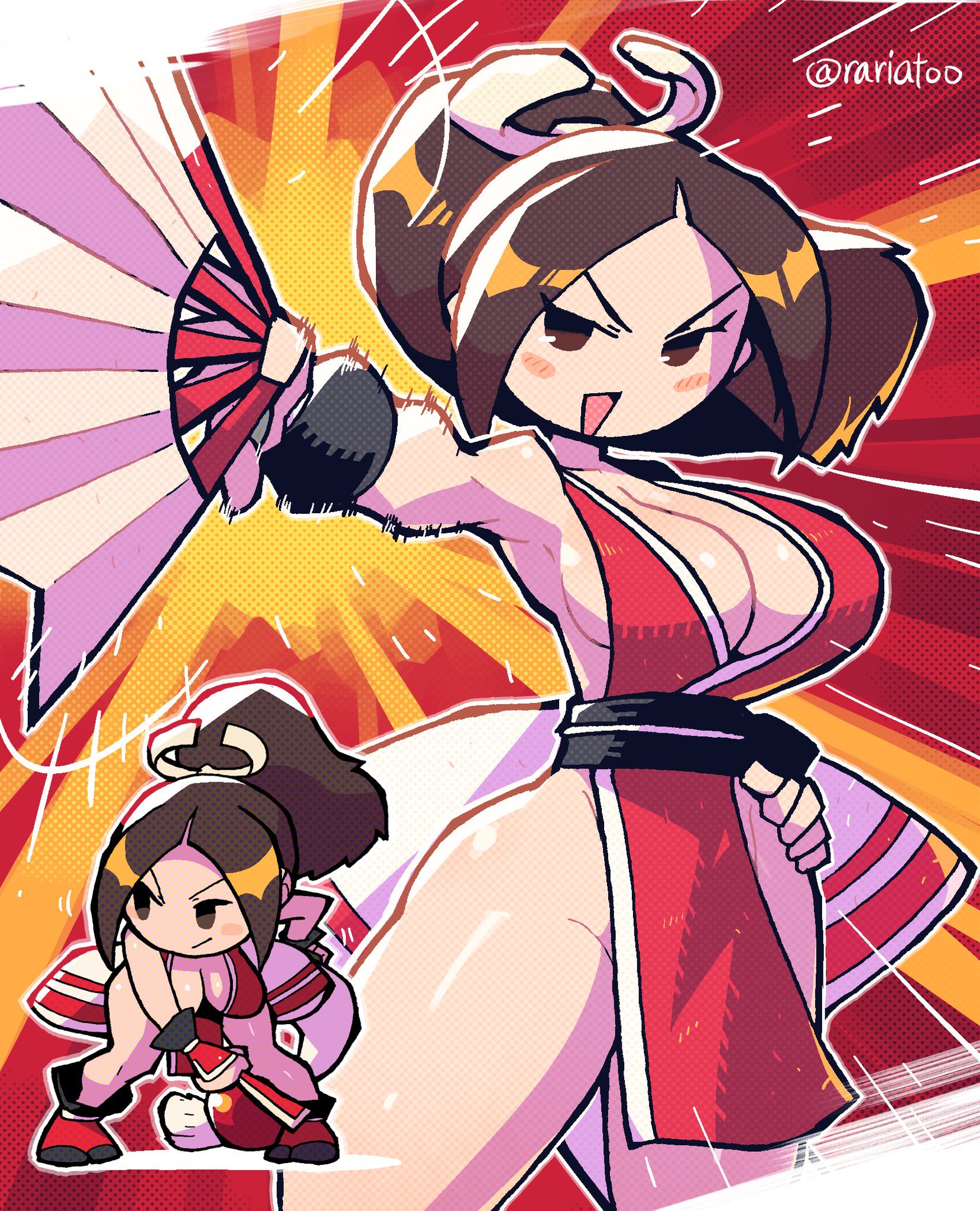 bare hips, bare legs, big breasts, breasts, brown eyes, brown hair, cleavage, crap-man, curvy, fatal fury, female, king of fighters, mai shiranui, sideboob, snk, tagme, twitter username
