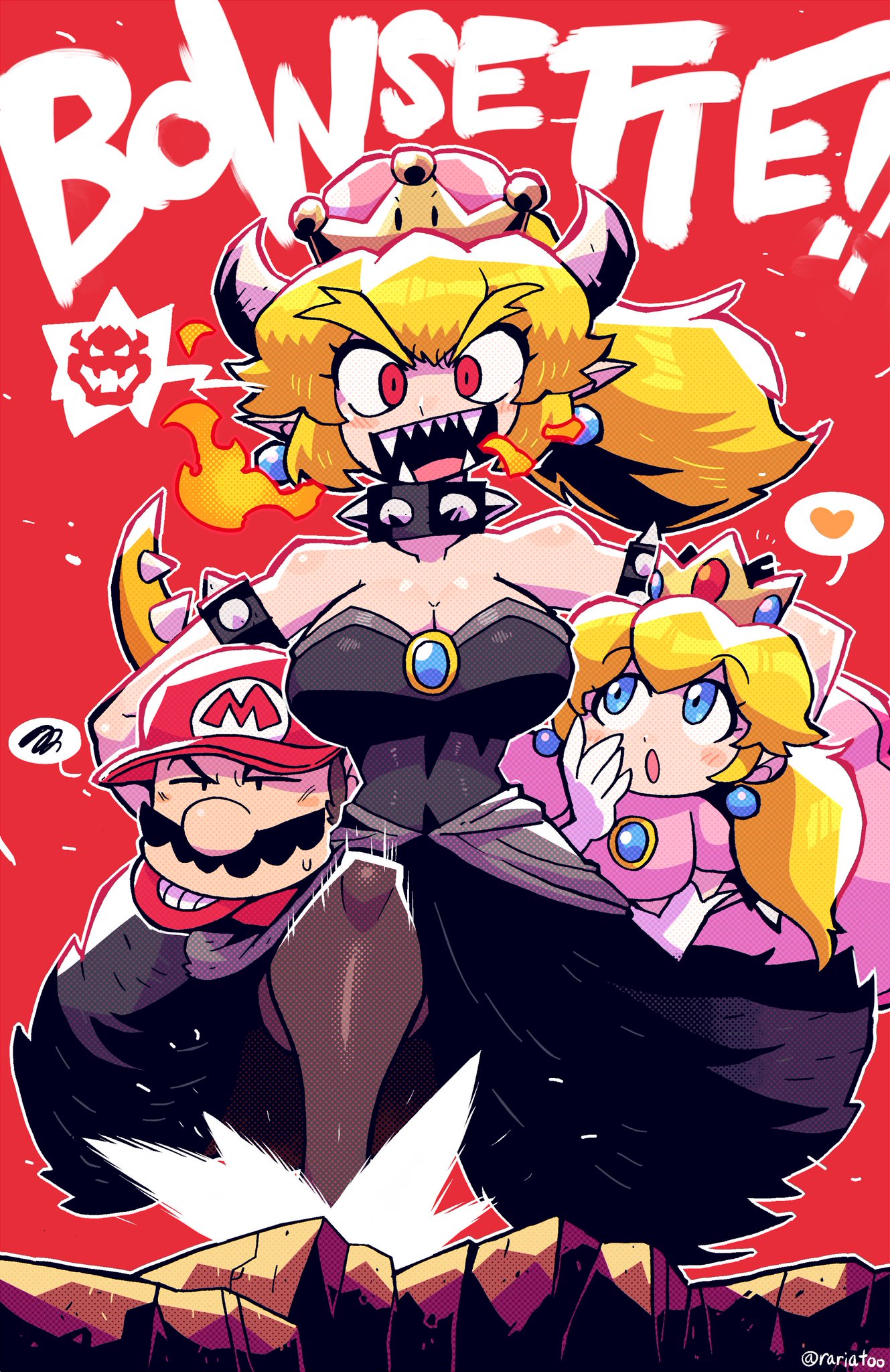 1boy, 2girls, big breasts, blonde hair, blue eyes, bowsette, breasts, cleavage, clothing, crap-man, dress, female, horns, male, mario, mario (series), new super mario bros. u deluxe, nintendo, open mouth, princess peach, red eyes, scalie, sharp teeth, smile, super crown, super mario bros., tagme, tail, twitter username