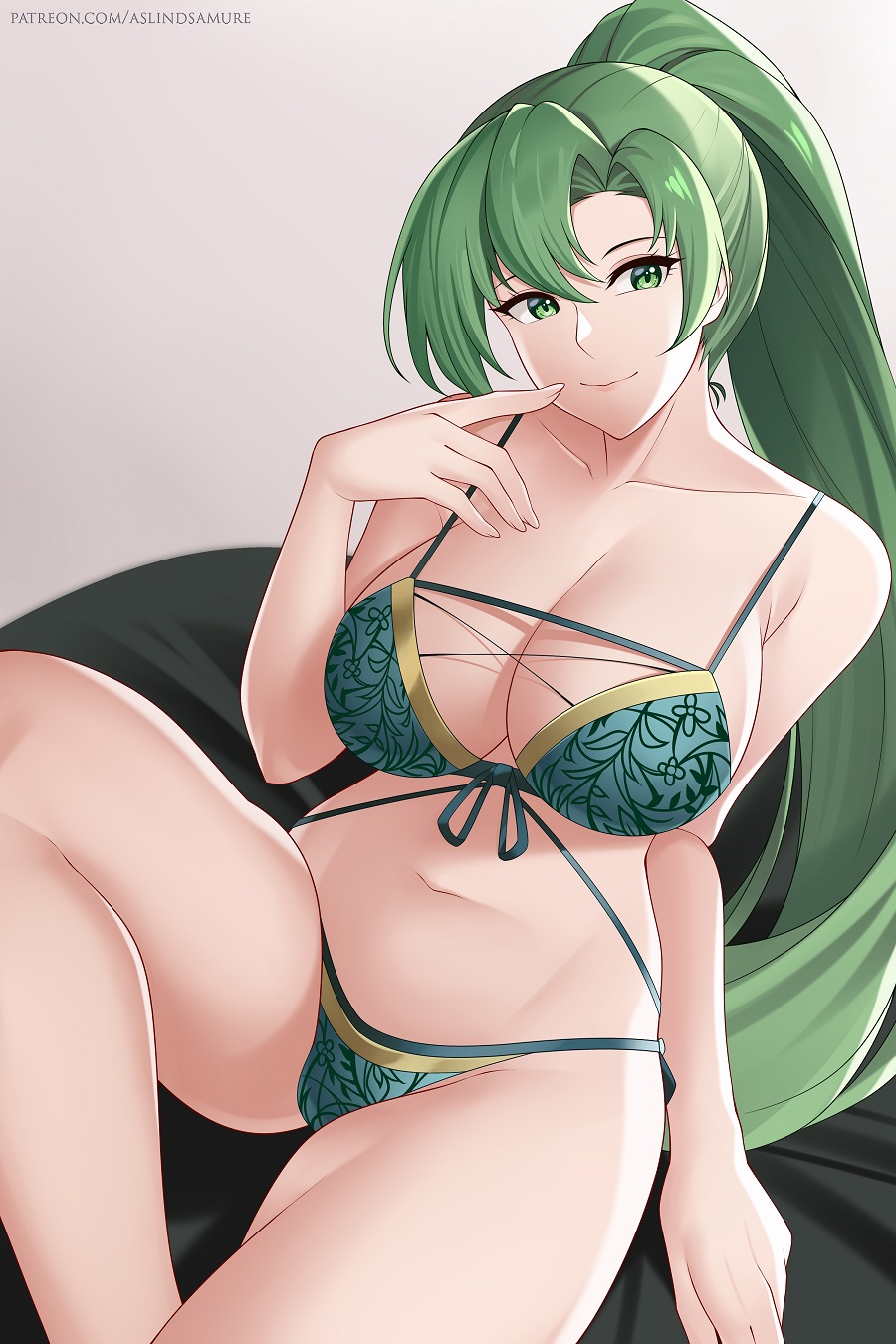1girls, aslindsamure, breasts, female, fire emblem, fire emblem: the blazing blade, green eyes, green hair, large breasts, lingerie, long hair, lyn (fire emblem), nintendo, ponytail, simple background, smile, solo, solo female, very long hair