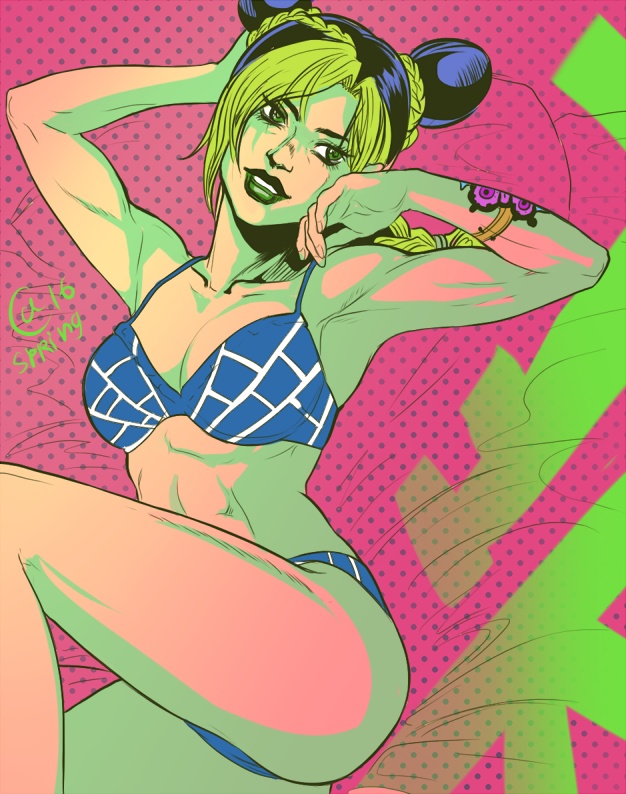 1girls armpits bra criminal female female_protagonist green_eyes green_hair inmate jojo's_bizarre_adventure jolyne_kujo lipstick muscular muscular_female panties ponytail sexy_armpits solo solo_female solo_focus stone_ocean tattoo thick_thighs toned toned_female underwear underwear_only weird_hair