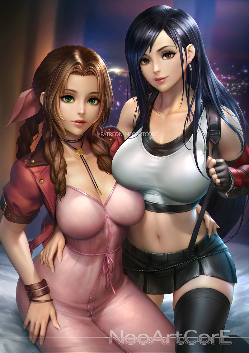 2girls, aerith gainsborough, black hair, brown hair, clothed, clothed female, clothes, clothing, dress, female, female only, final fantasy, final fantasy vii, final fantasy vii remake, fully clothed, green eyes, long hair, midriff, neoartcore, red eyes, skirt, square enix, tifa lockhart
