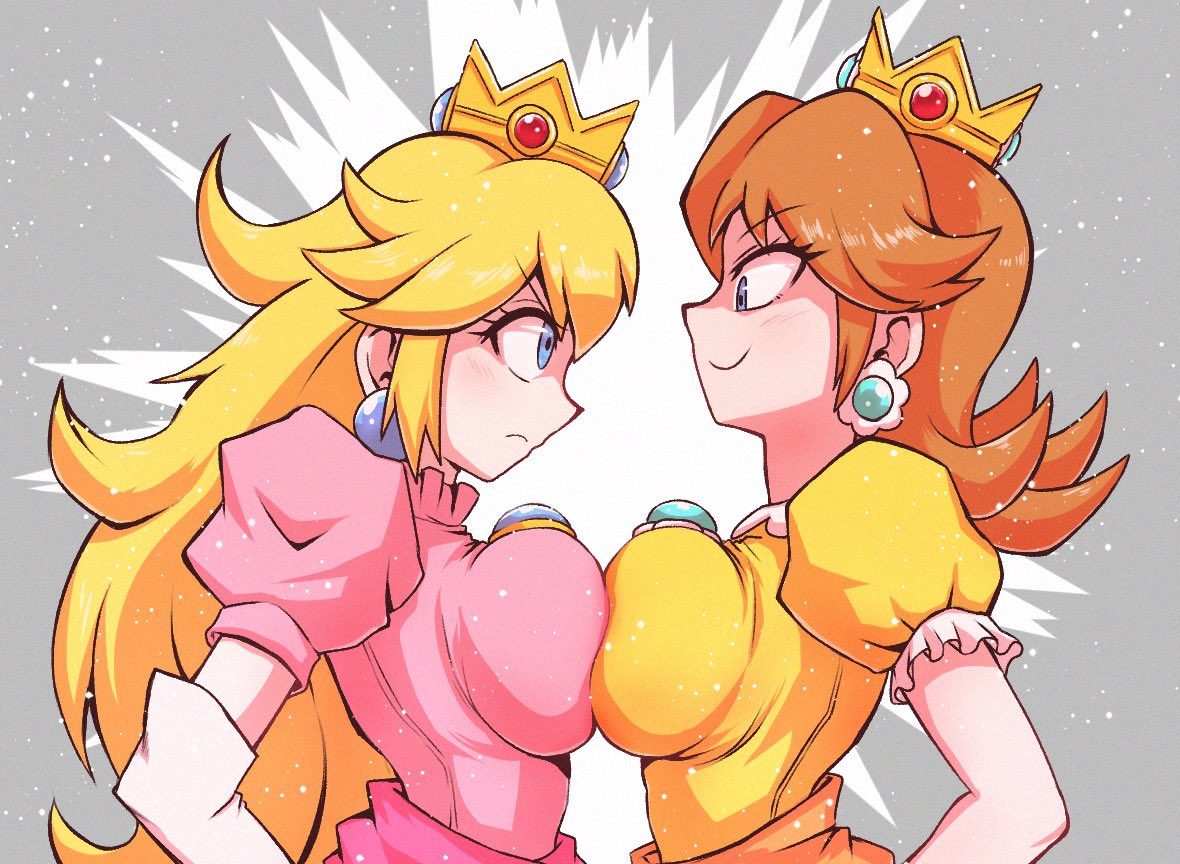 2girls alternate_breast_size angry big_breasts blonde_hair breast breast_contest breast_docking breast_press breast_to_breast breasts brown_hair clothed clothing docking dress eye_contact female female_only fully_clothed grey_background jealous kurachi_mizuki large_breasts long_hair looking_at_each_other mario_(series) multiple_girls nintendo princess princess_daisy princess_peach simple_background symmetrical_docking titfight