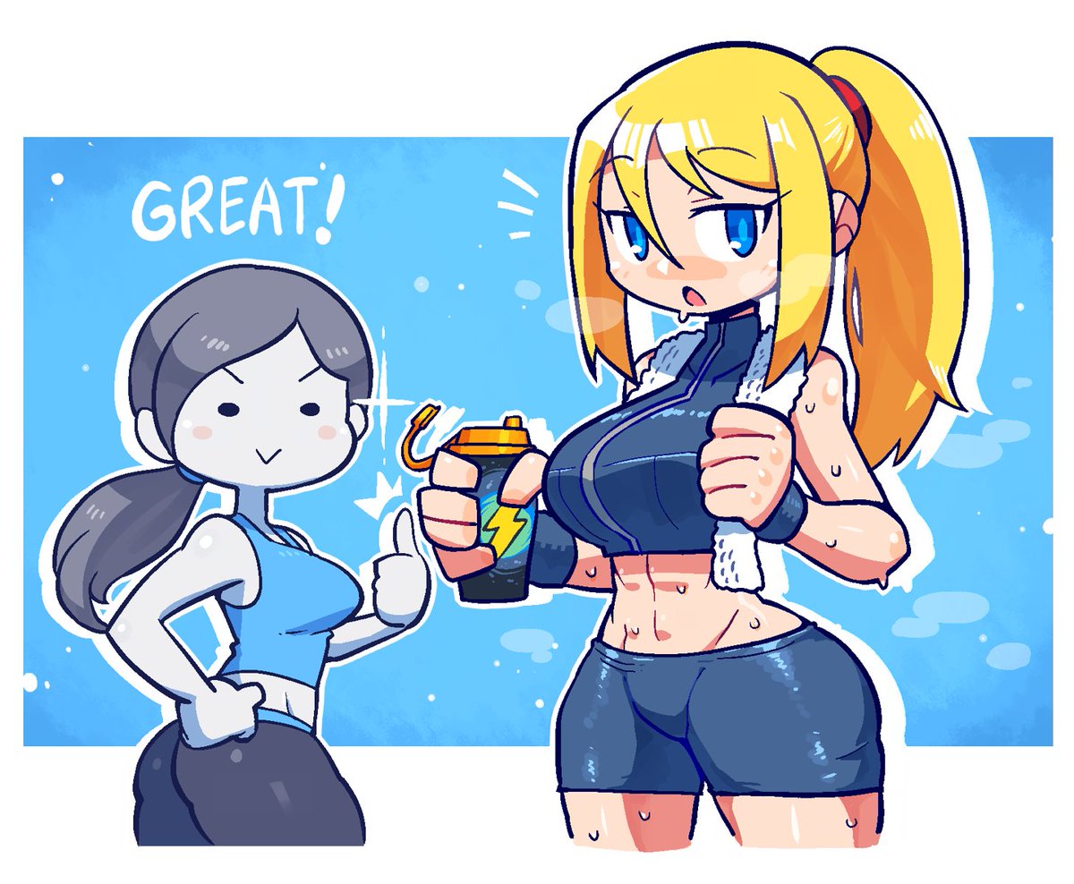 2girls, big breasts, blonde hair, blue eyes, breasts, crap-man, female, female only, metroid, multiple females, multiple girls, nintendo, samus aran, super smash bros., sweat, tagme, thick, tight clothing, wide hips, wii fit, wii fit trainer, wii fit trainer (female)