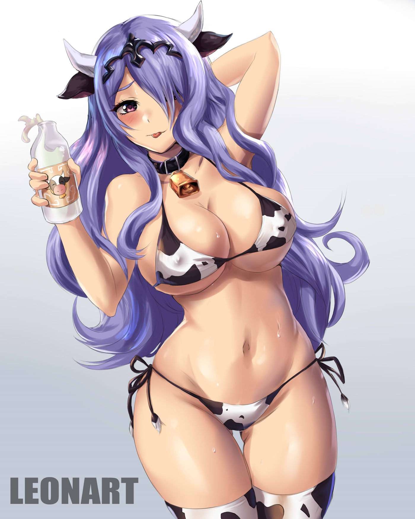 1girls, abs, animal print, arms up, artist name, ass visible through thighs, bell, bell collar, bikini, blush, bottle, breasts, camilla (fire emblem), choker, cleavage, covered nipples, cow girl, cow horns, cow print, cow print bikini, cowbell, english commentary, fake horns, female, fire emblem, fire emblem fates, grey background, hair over one eye, holding, holding bottle, horns, large breasts, leonart, long hair, looking at viewer, milk, milk bottle, navel, nintendo, nipple bulge, one arm behind head, one arm up, one eye covered, parted bangs, print bikini, purple eyes, purple hair, revealing clothes, sideboob, sidelocks, simple background, solo, swimsuit, thick thighs, thighhighs, thighs, tiara, tongue, tongue out, underboob, wavy hair, year of the ox