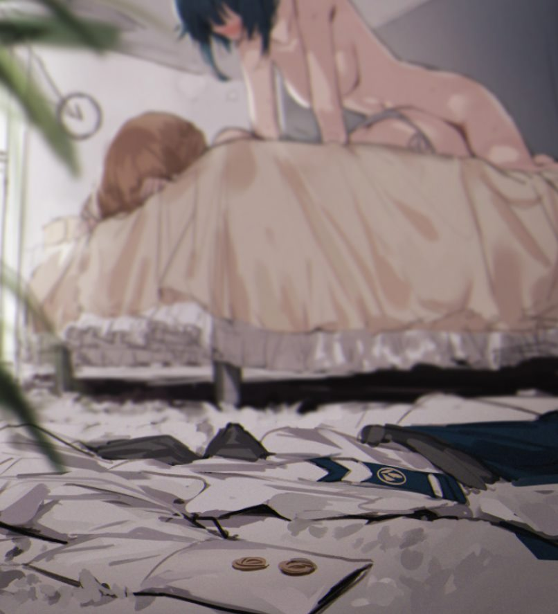 1futa 1girls aizawa_kazuha assault_lily black_hair blurry blush breasts brown_hair carpet clock completely_nude depth_of_field futa_on_female futanari ijima_renka implied_futanari indoors medium_breasts multiple_girls nude on_bed original orihi_chihiro panties prone_bone sex sex_from_behind shirt shirt_removed underwear white_shirt