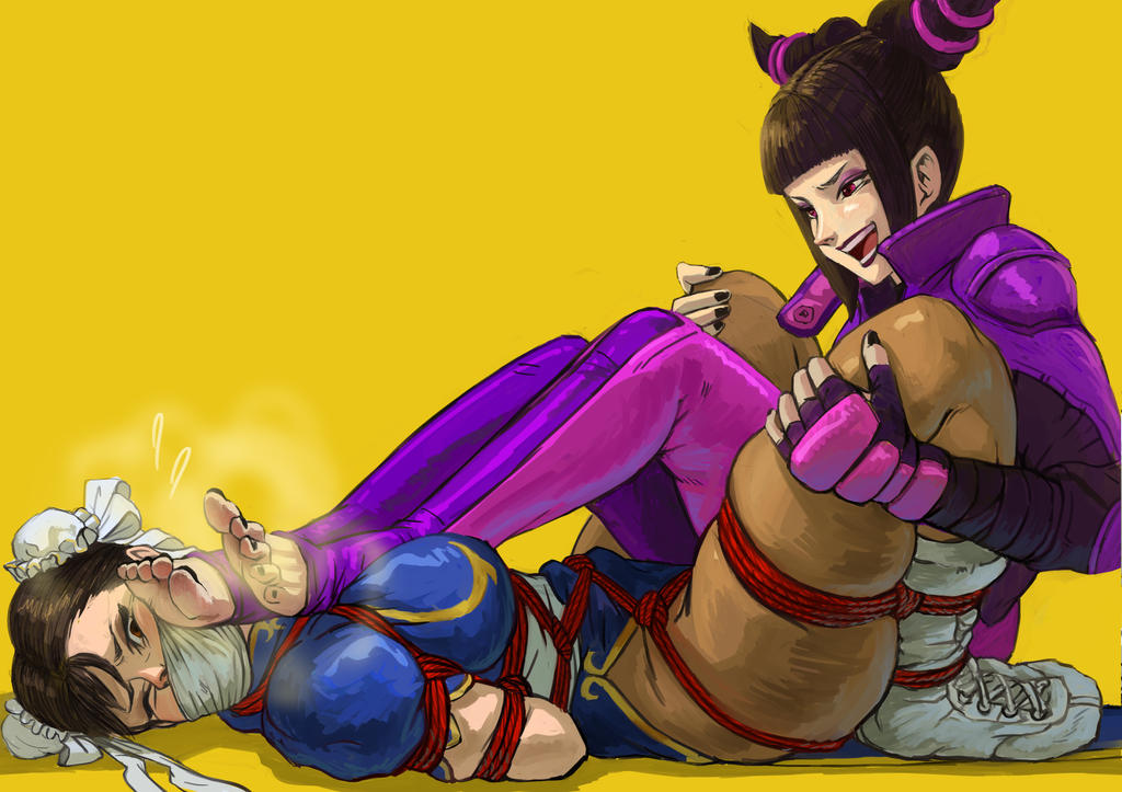 2018, 2girls, arms tied behind back, bangs, black hair, bodysuit, bondage, breasts, brown hair, capcom, chun-li, cleavage, drill hair, evil smile, eyelashes, eyeliner, feet, feet on chest, feet on face, female, female only, femdom, femsub, foot fetish, foot on face, foot on head, forced, gag, gagged, hair band, hands on legs, humiliation, juri han, laying down, lipstick, makeup, nail polish, open mouth, purple clothing, purple lipstick, red eyes, rope bondage, smell, smelly, smelly feet, smile, soles, steamy feet, stirrup legwear, street fighter, thighhighs, tied up, toeless legwear, toenail polish, toes, twin drills, whitecloth, yellow background, yuri