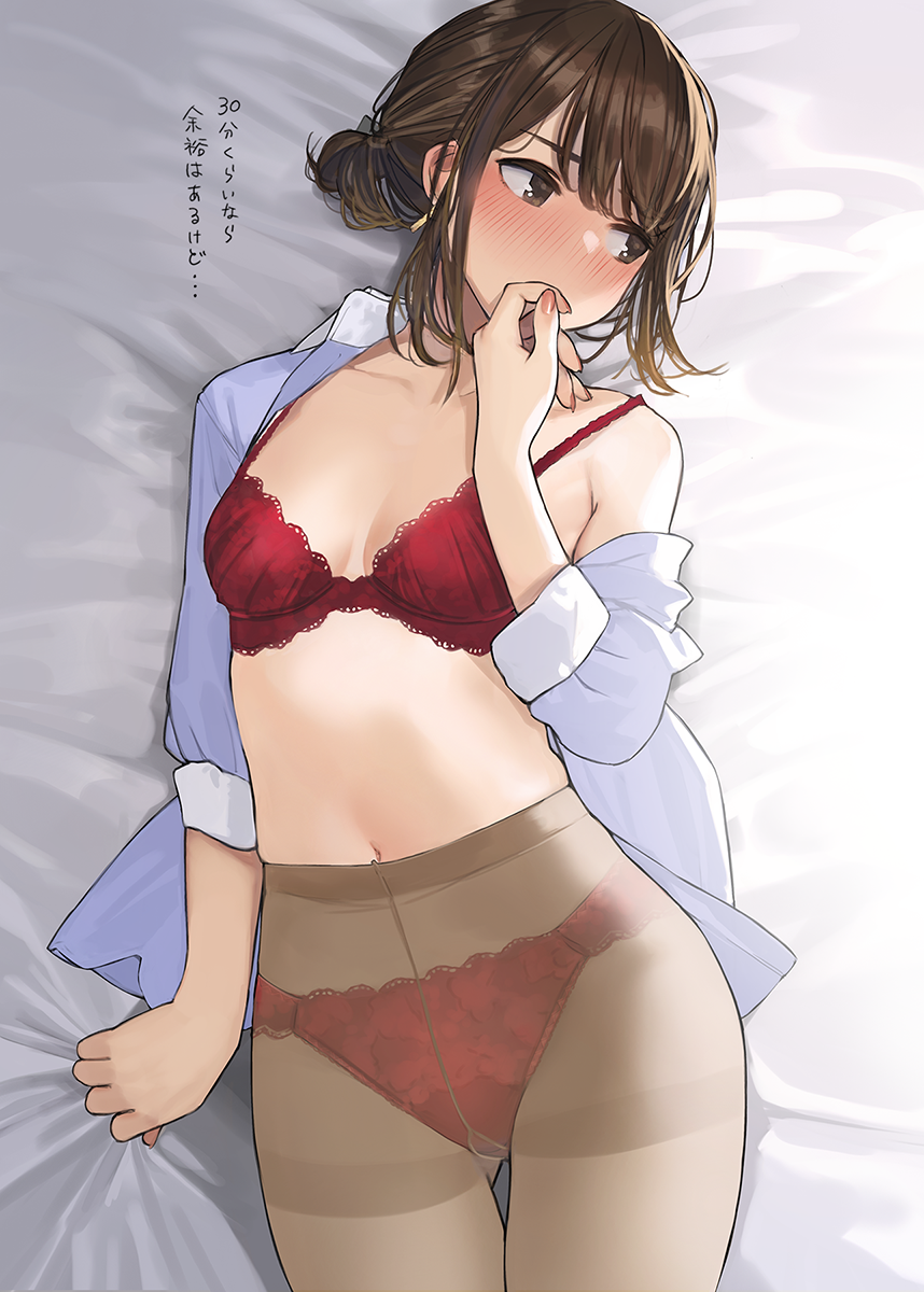 blush bra breasts brown_eyes brown_hair bun douki-chan_(yomu_(sgt_epper)) embarrassed female ganbare_douki-chan hand_to_own_mouth japanese_text legwear looking_away lying medium_hair nail_polish navel on_back on_bed open_shirt panties pantyhose partially_clothed red_bra red_panties red_underwear shirt small_breasts solo_female translated underwear yomu_(sgt_epper)