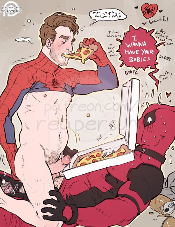 2boys anal bottomless brown_hair deadpool eating_during_sex erect_nipples erection exposed_nipples food gay guided_penetration male male_only marvel peter_b_parker pizza reapersun riding_penis shirt_up sitting_on_penis slightly_chubby speech_bubble spider-man spider-man_(series) straight_hair stubble superhero text wade_wilson yaoi