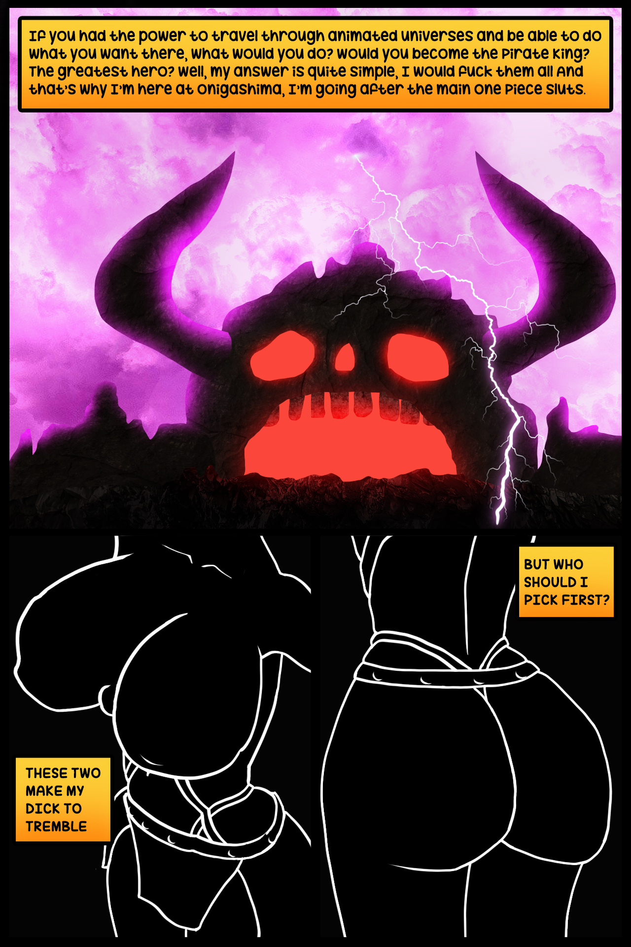 2girls, ass, big ass, big breasts, breasts, comics, dialogue, female, holymonster, male, nami (one piece), nico robin, one piece, silhouette, thick thighs, thong