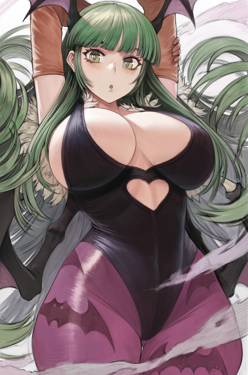 2d armpits arms_above_head ass bangs big_ass big_breasts big_butt blush bunnysuit carcass_(artist) clothing darkstalkers green_eyes green_hair looking_at_viewer medium_breasts morrigan_aensland pantyhose solo_female succubus wings