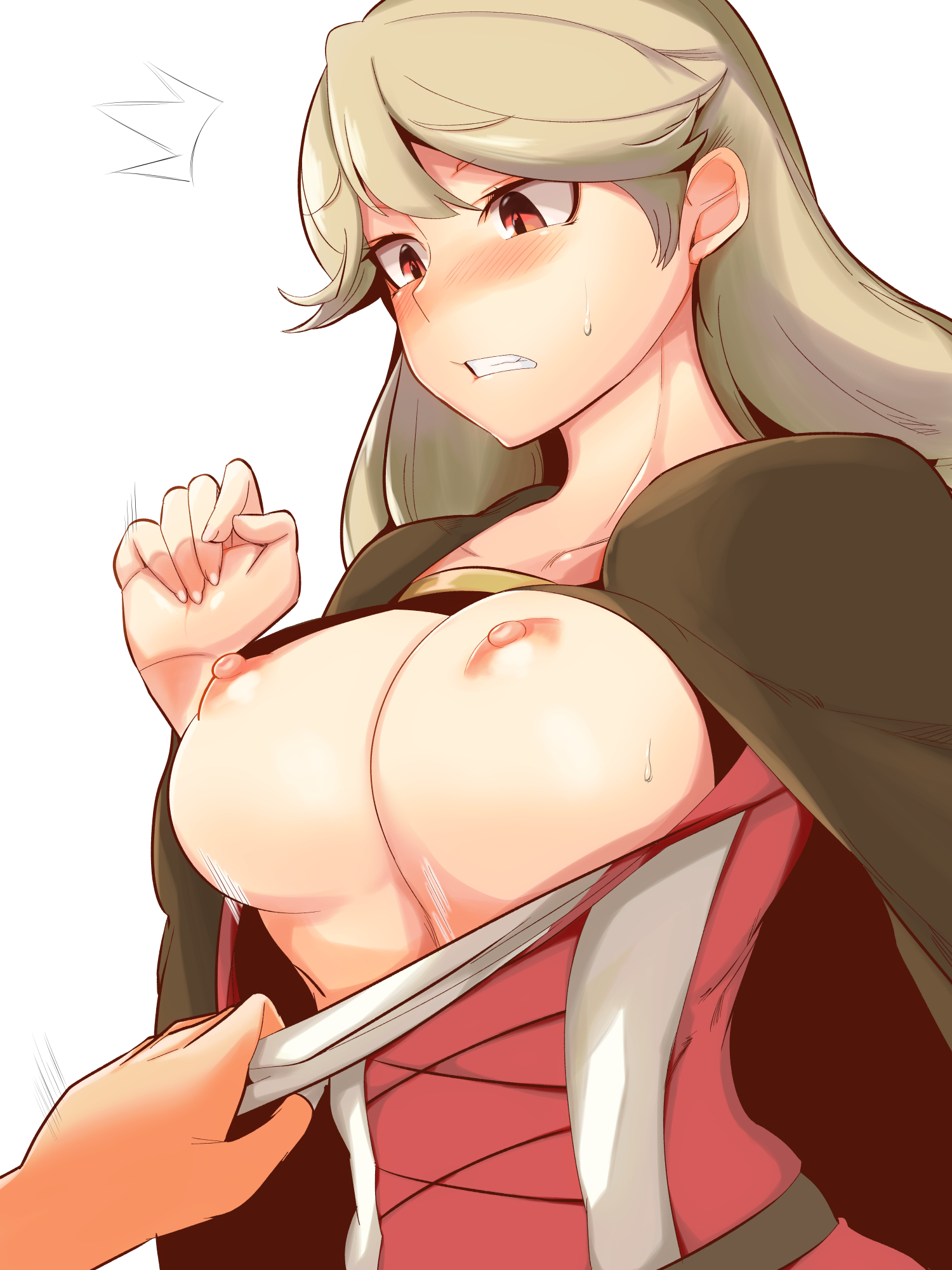 1girls, big breasts, blush, bouncing breasts, breasts, breasts out, brown hair, clenched teeth, embarrassed, exposed breasts, faye (fire emblem), female, fire emblem, fire emblem echoes: shadows of valentia, forced, forced exposure, freelot, hekiga (freelot), large breasts, long hair, nintendo, red eyes, shirt down, shirt pull, shocked, shocked expression, suprised, sweatdrop, top pull, undressing, white background
