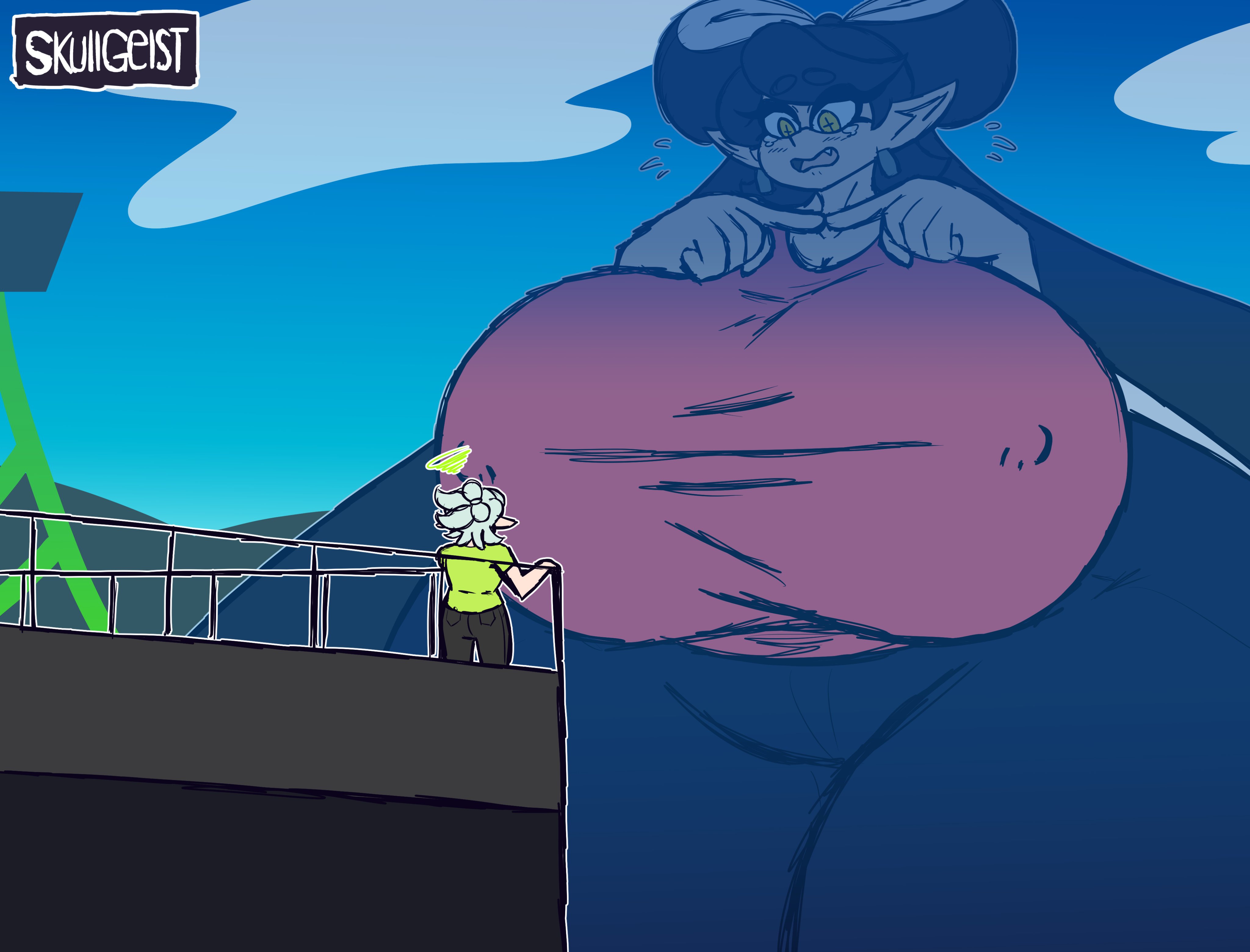 2girls, angry, ass, ass expansion, big ass, big breasts, big hips, big thighs, breast expansion, breast growth, breast growth (enlargement), breasts, callie (splatoon), enormous breasts, expansion, female, giant breasts, giantess, huge ass, huge breasts, hyper, hyper ass, hyper breasts, hyper hips, hyper thighs, inflation, jeans, marie (splatoon), massive ass, multiple females, multiple girls, nervous, nintendo, nipple bulge, skullgeist, smaller female, smooth skin, splatoon, thick thighs, tight clothing, wide hips