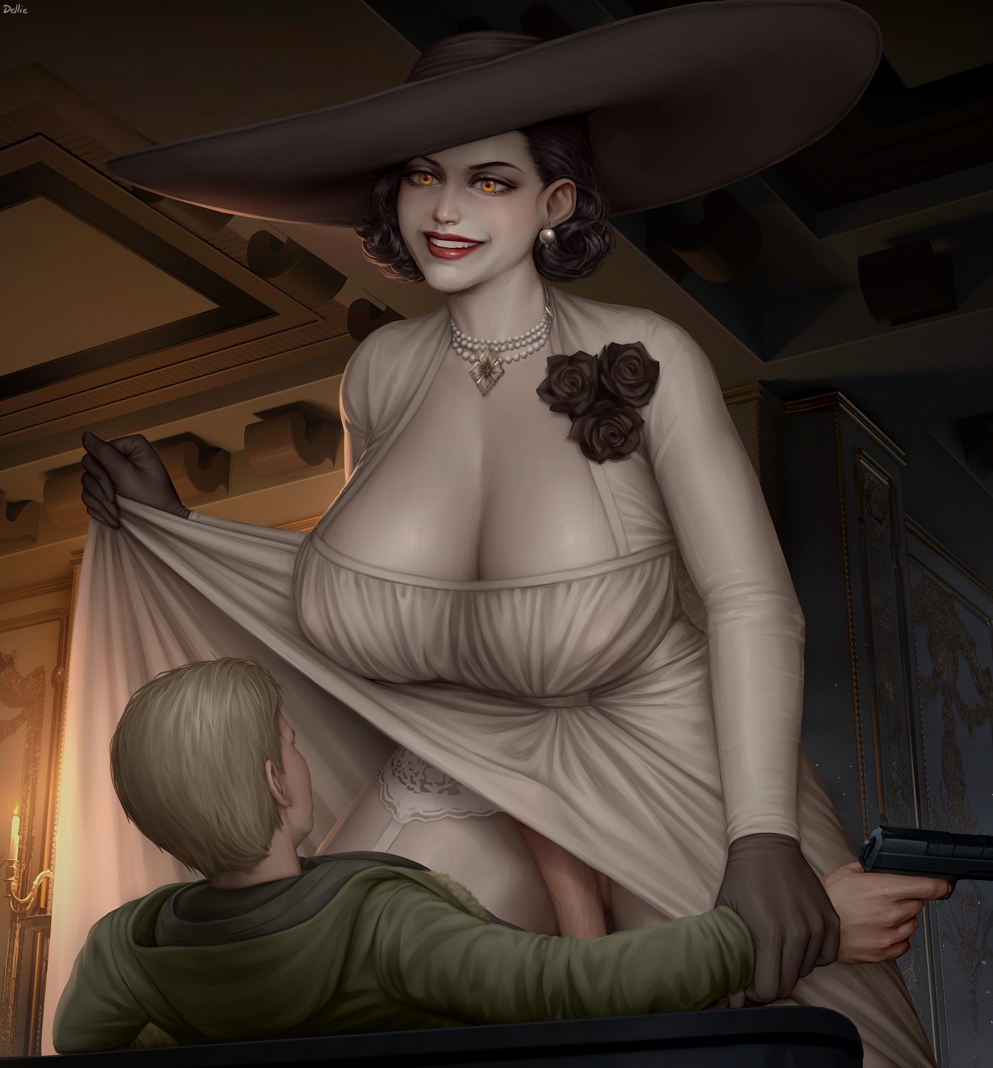 1boy, 1girls, alcina dimitrescu, big penis, breasts, cowgirl position, dellie, dress lift, erection, ethan winters, female, femdom, huge breasts, larger female, light skin, light-skinned male, male, malesub, penis, resident evil, resident evil 8: village, size difference, smaller male, straight, straight face, unseen male face