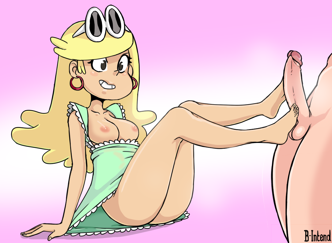 1boy, 1girls, areola, areolae, ass, b-intend, balls, black eyes, blonde hair, breasts, breasts out, clothes, cute, dress, earrings, feet, female, foot fetish, footjob, grin, happy, hoop earrings, leni loud, long penis, male, nipples, partially clothed, penis, short dress, sitting, small feet, smile, soles, sunglasses, sunglasses on head, testicles, the loud house, thick thighs, thighs, toes