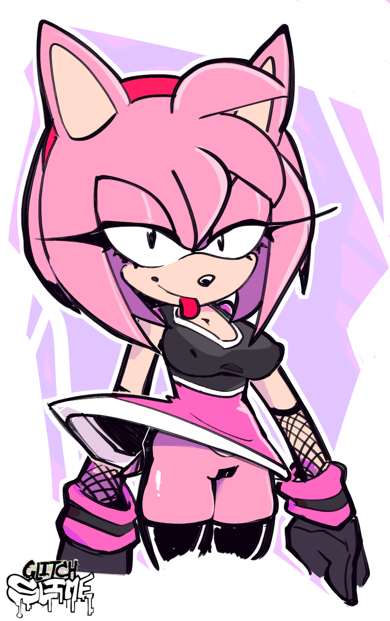 amy_rose bottomless erect_nipples erect_nipples_under_clothes eyelashes fingers glitchslime gloves hair half-closed_eyes headband long_eyelashes looking_at_viewer pink_body pink_hair pussy solo sonic_(series) tan_body tongue tongue_out