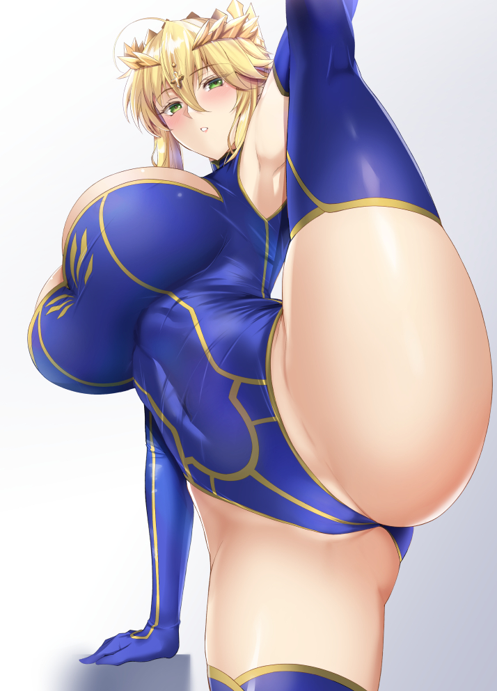 1girls ahoge armpits arms_up artoria_pendragon artoria_pendragon_(lancer) bangs bare_shoulders blonde_hair blue_gloves blue_legwear blue_leotard blush braid breasts breasts_bigger_than_head cleavage cleavage_cutout clothing_cutout covered_navel crown elbow_gloves fate/grand_order fate_(series) female female_only french_braid gloves green_eyes hair_between_eyes highleg highleg_leotard huge_breasts kumakichi_(cost-lost) leg_lift leg_up leotard long_hair looking_at_viewer parted_lips sidelocks solo solo_female splits standing standing_on_one_leg thick_thighs thighhighs thighs vertical_splits voluptuous