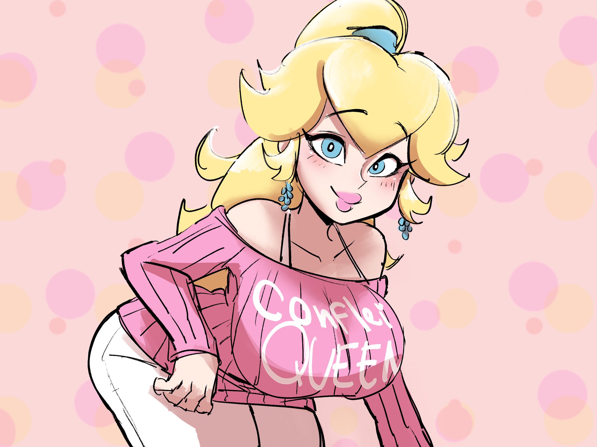 1girls, bent over, blonde hair, blue eyes, bra, bra strap, breasts, cleavage, clothes writing, confleiqueen, female, female only, fully clothed, huge breasts, long hair, long ponytail, looking at viewer, mario (series), nintendo, off shoulder, off-shoulder sweater, pants, pink sweater, ponytail, princess peach, smile, solo, standing, sweater, text, tied hair, tight clothing, underwear