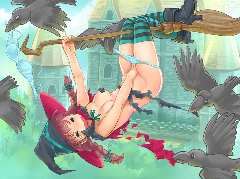 breasts, broom, broom riding, covering, embarrassed, female, himeshaga, torn clothes, witch