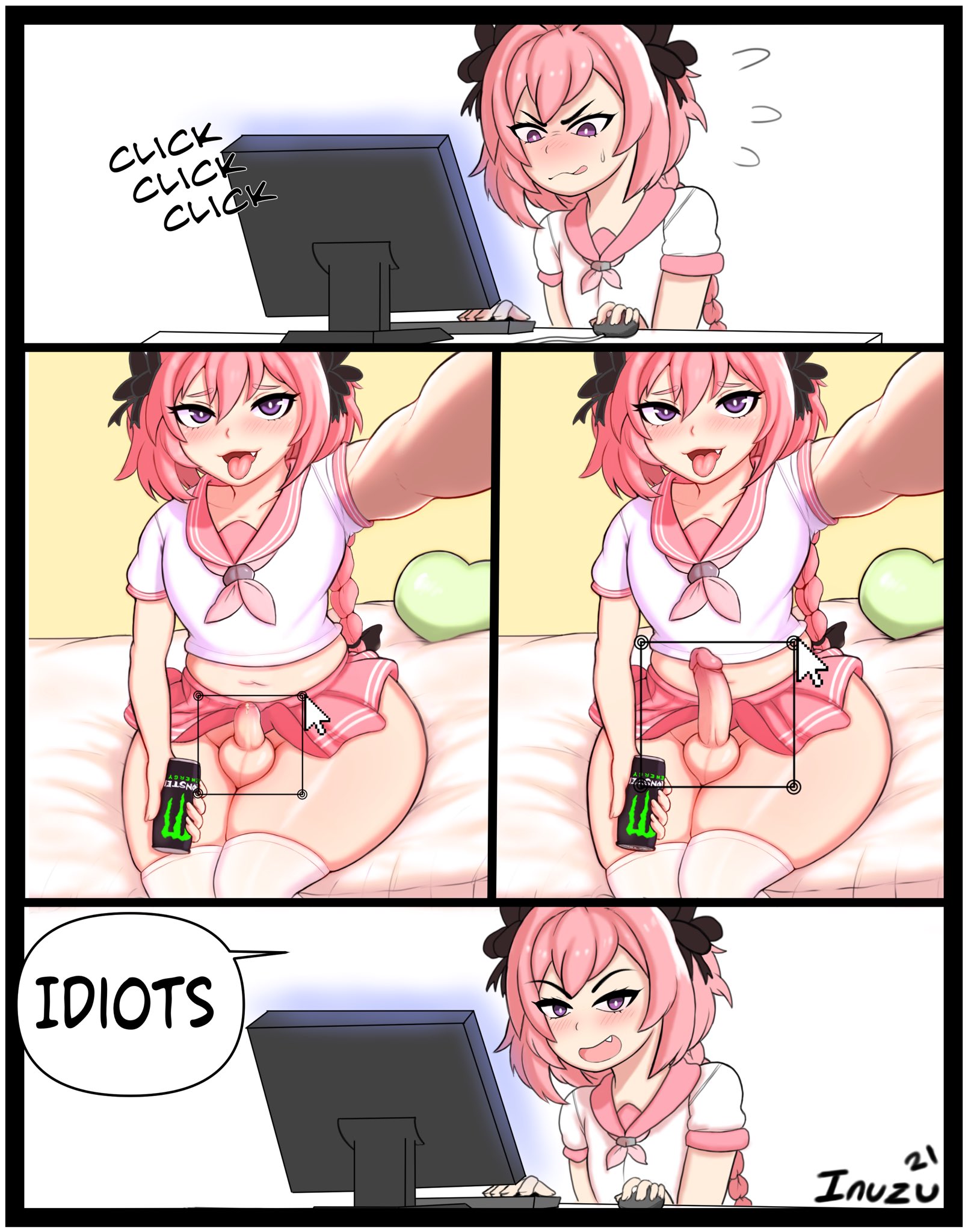1boy, androgynous, astolfo (fate), astolfo monster cosplay (meme), balls, blush, braided hair, comic, crossdressing, curvy figure, eye contact, fate (series), fate/grand order, female, femboy, feminine male, flat chest, funny, girly, hair ribbon, huge thighs, humor, inuzu, long hair, looking at viewer, male, meme, miniskirt, penis, pink hair, purple eyes, skirt, small penis, solo, speech bubble, testicles, text, thighhighs, tomgirl, tongue, tongue out