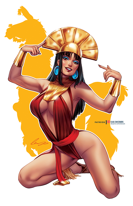 1girls big_earrings black_hair blue_earrings blue_eyeshadow breasts brown_eyes busty cleavage clothed clothing deviantart disney ear_piercing earrings elias_chatzoudis female female_focus female_only genderswap_(mtf) gold_jewelry human human_only inca_mythology kneeling kuzco latina legs lips lipstick long_hair multicolored_background native_american peruvian_female piercing red_fingernails red_lips red_lipstick red_nails rule_63 solo solo_female solo_focus teeth teeth_showing the_emperor's_new_groove thighs voluptuous white_background yellow_background