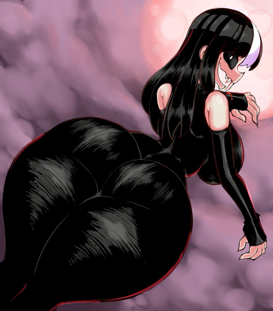 1girls ass backboob bare_shoulders big_breasts black_hair breasts butt creepy full_moon huge_ass huge_breasts hyper_ass hyper_thighs long_hair monster_girl no_cheeks noss_the_nosferatu_(crap-man) sharp_teeth solo solo_female thanuki thanukiart thick thick_ass thick_thighs tight_clothing vampire