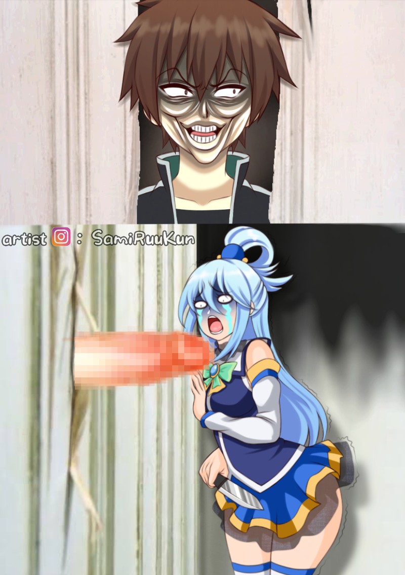 aqua_(konosuba) blue_eyes brown_hair censored funny here's_johnny! imminent_rape kono_subarashii_sekai_ni_shukufuku_wo! long_hair meme penis samiruukun satou_kazuma the_shining you_gonna_get_raped