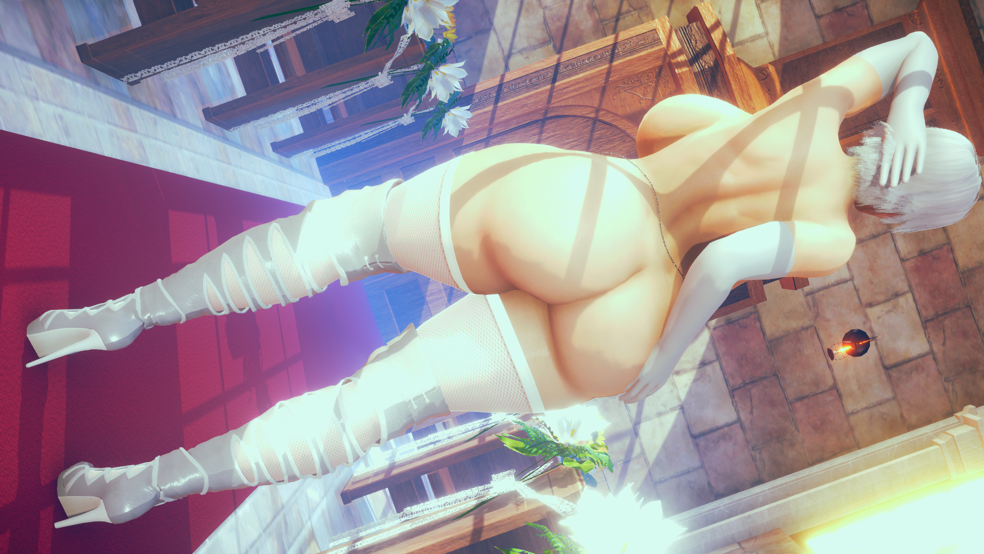 1girls, 3d, alternate breast size, arm sleeves, armpits, armwear, ass, back, back view, big ass, big breasts, breasts, busty, christie (doa), church, dead or alive, female, female only, gloves, high heels, honey select, hourglass figure, huge ass, huge breasts, large breasts, light skin, light-skinned female, long breasts, mature female, pose, posing, rear view, sideboob, solo, solo female, stockings, sun light, sunglasses, thethiccart, thick thighs, thighhighs, thighs, topless, voluptuous, white armwear, white hair, white legwear, white skin, wide hips