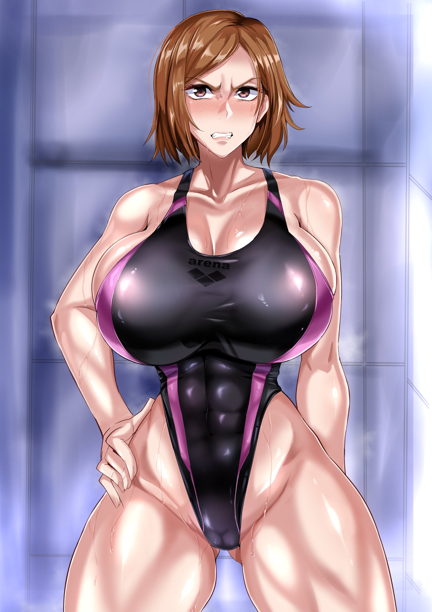 1girls, abs, angry, big breasts, blush, bob cut, breasts, brown eyes, brown hair, brown-haired female, cameltoe, embarrassed, female, female only, hand on hip, human, jet puri, jujutsu kaisen, kugisaki nobara, large breasts, leotard, muscular, muscular female, muscular thighs, one-piece swimsuit, overflowing breasts, pussy, short hair, solo, solo focus, sweat, swimsuit, thick thighs, wet