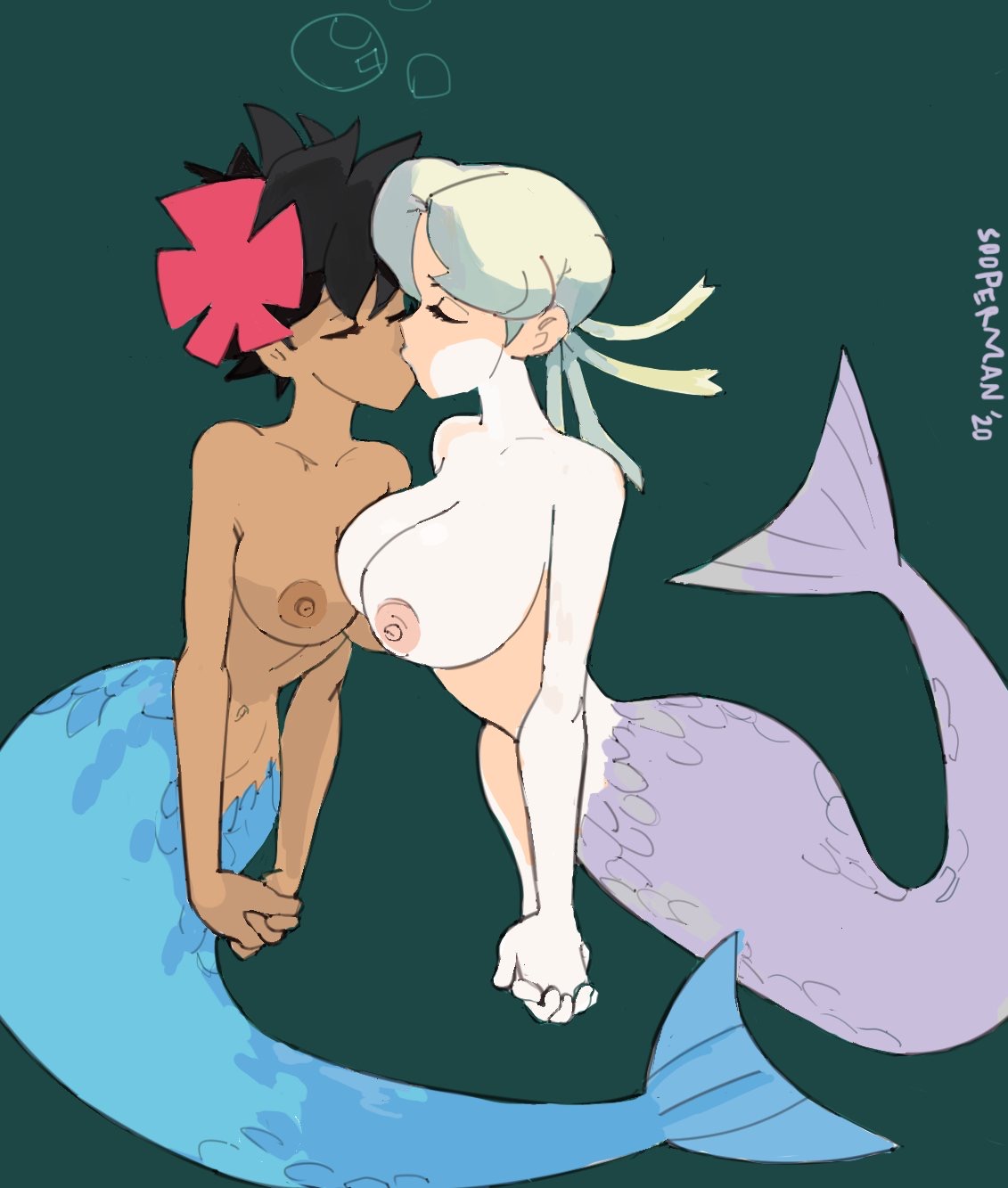 2girls, breasts, chocolate and vanilla, color, dark skin, dark-skinned female, elite four, female, female only, glacia (pokemon), interracial yuri, kiss, kissing, light skin, light-skinned female, merfolk, mermaid, multiple females, multiple girls, nintendo, phoebe (pokemon), pokemon, pokemon rse, sooperman, tagme, yuri