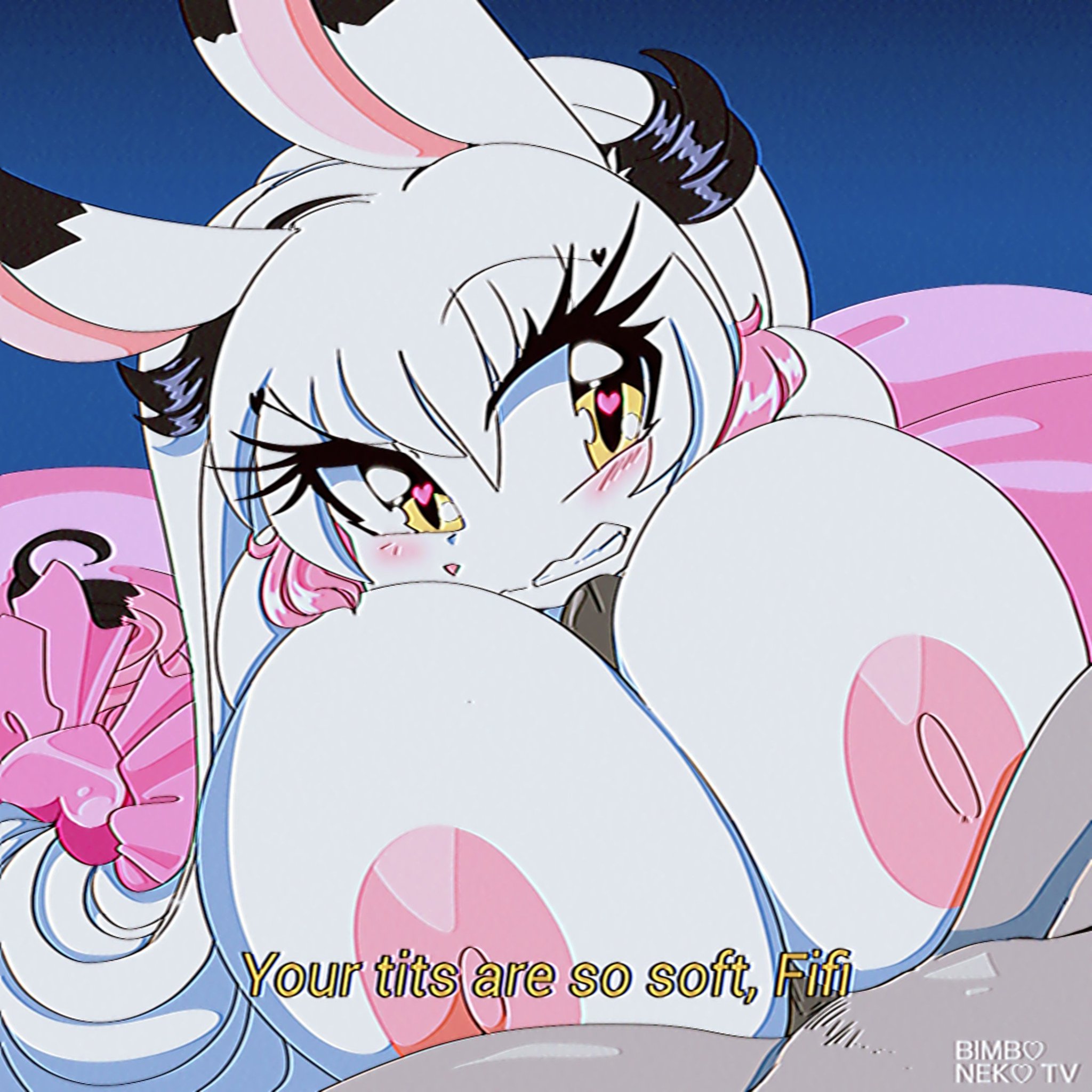 anonymous character, big breasts, bimboneko, breastjob, breasts, female, fifi (bimboneko), furry, male, outercourse, paizuri, penis, retro artstyle, white fur