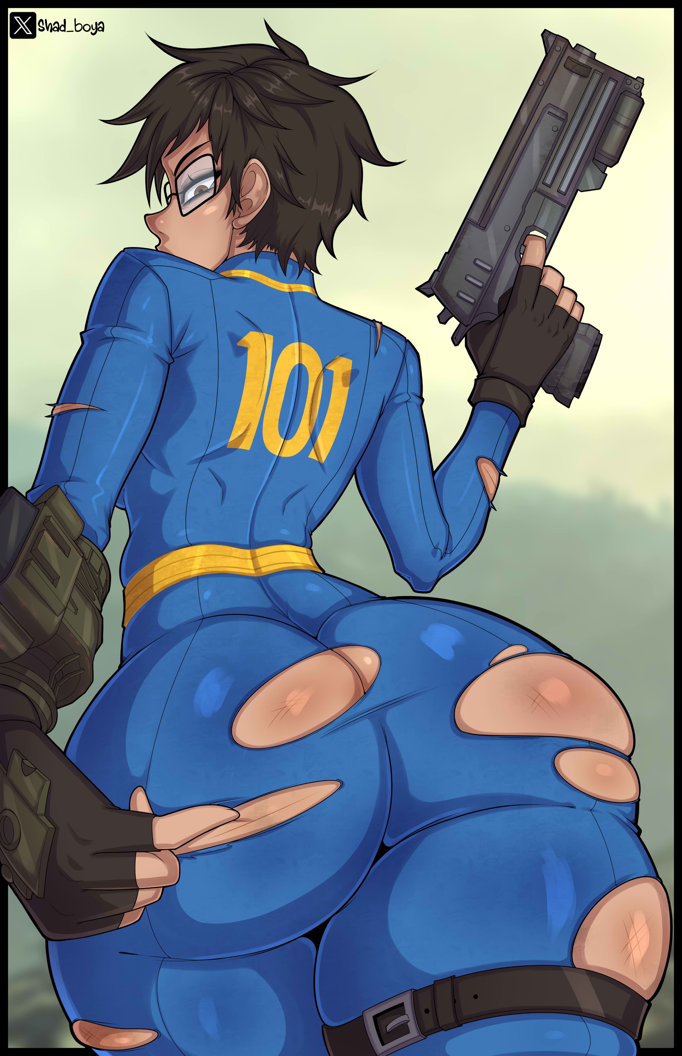 10mm pistol, 1girls, ass, ass bigger than head, big thighs, bodysuit, bubble ass, bubble butt, clothing, curvy, curvy body, curvy female, curvy figure, curvy hips, fallout, fallout (series), fat ass, female, firearm, grabbing own ass, handgun, huge ass, huge butt, human, looking at viewer, looking back, pale skin, presenting, presenting ass, ripped bodysuit, ripped clothing, ripped pants, shadboya, skin tight, thick ass, thick legs, thick thighs, thighs, thunder thighs, thunderthighs, torn bodysuit, torn clothes, torn clothing, variant, variant set, vault dweller, vault girl, vault suit, weapon, wide hips, wide thighs