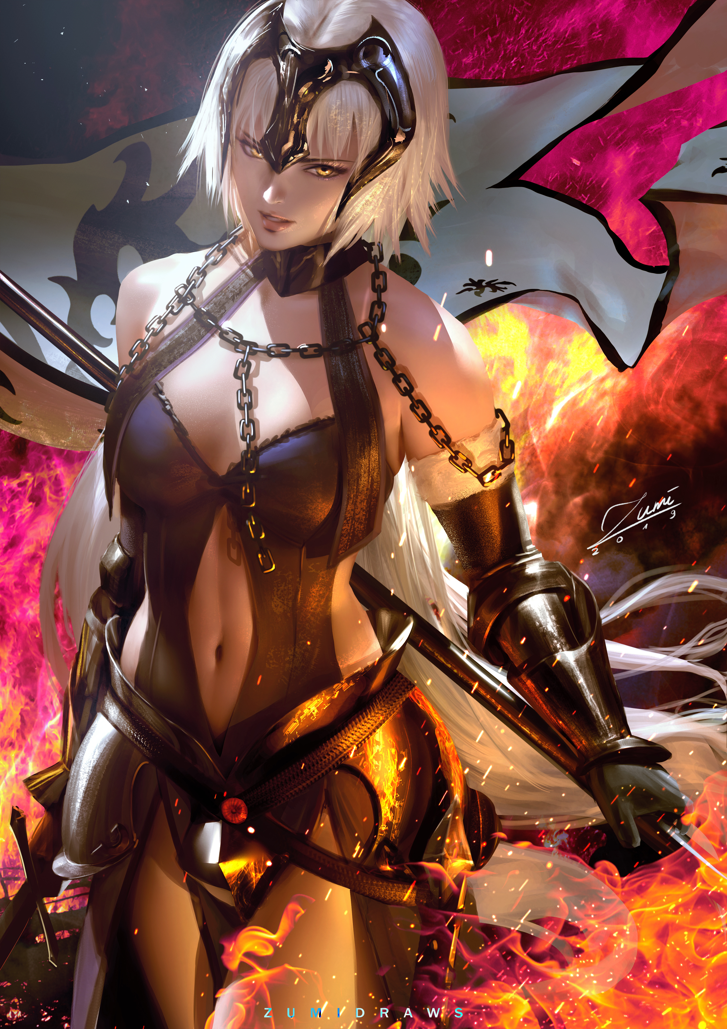 1girls, armor, breasts, fate (series), fate/grand order, female, headgear, jeanne alter, looking at viewer, paid reward, patreon reward, solo, weapon, zumi