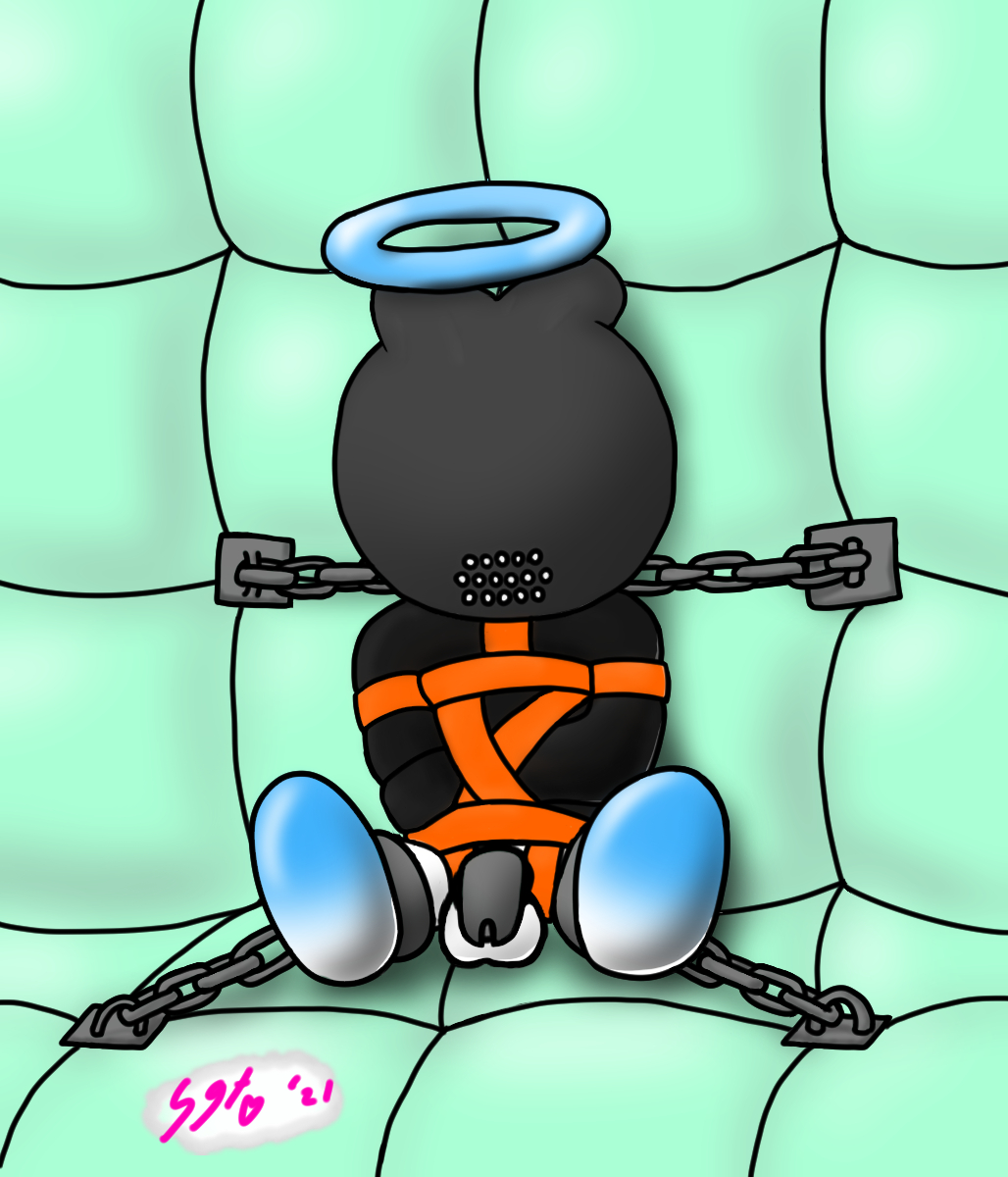 2021 ankle_cuffs balls blue_body bondage bound chains chao_(sonic) chastity chastity_cage chastity_device clothed clothing digital_drawing_(artwork) digital_media_(artwork) fan_character genitals glistening halo hero_chao hi_res male mask padded_cell sega sgtstitches shackles simple_background solo sonic_(series) sonic_the_hedgehog_(series) sprinter_(starfoth) straitjacket