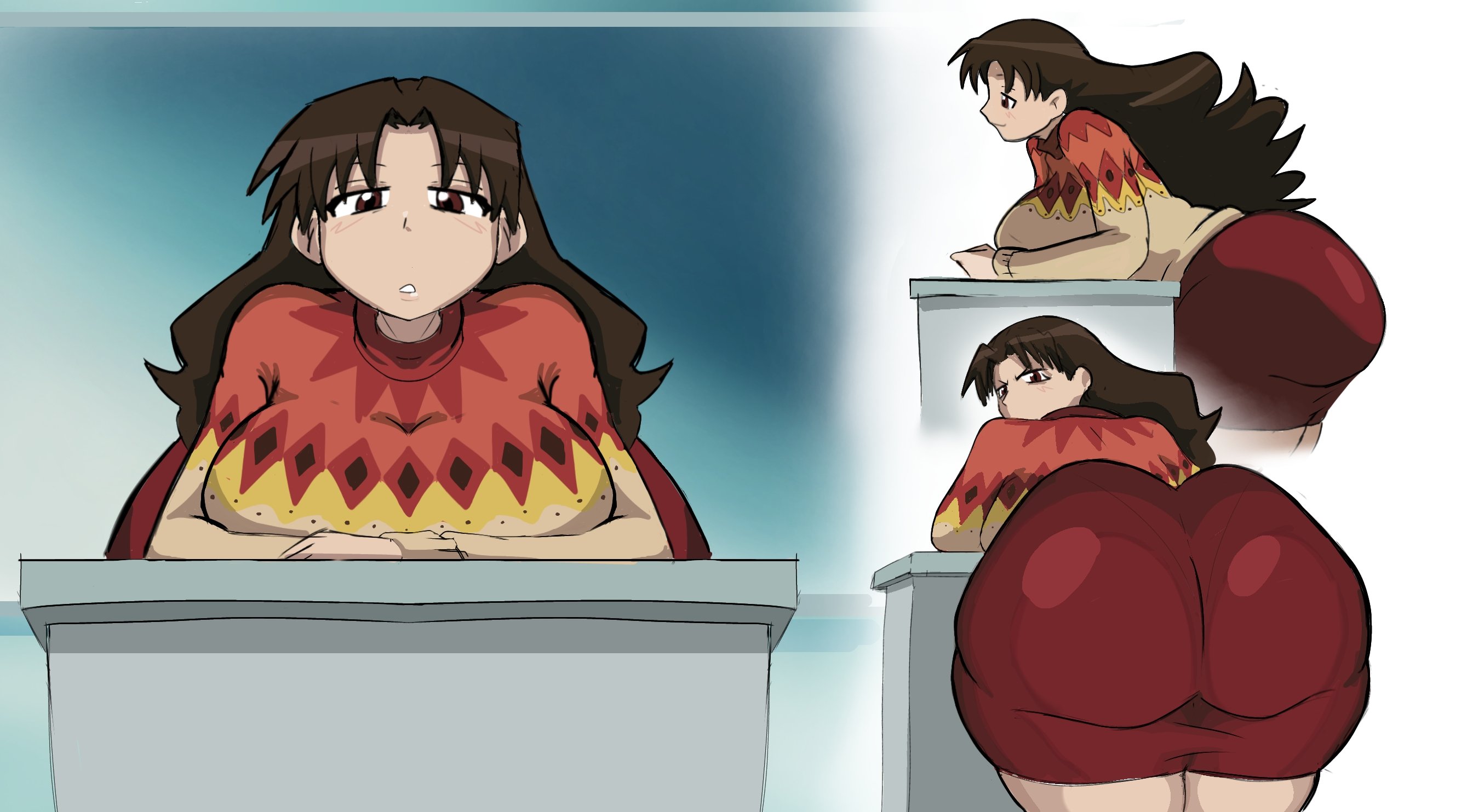 2d, artist request, ass, azumanga daiou, big ass, big breasts, huge ass, light skin, light-skinned female, massive ass, massive breasts, presenting hindquarters, tagme, teacher, twitter link, yukari tanizaki