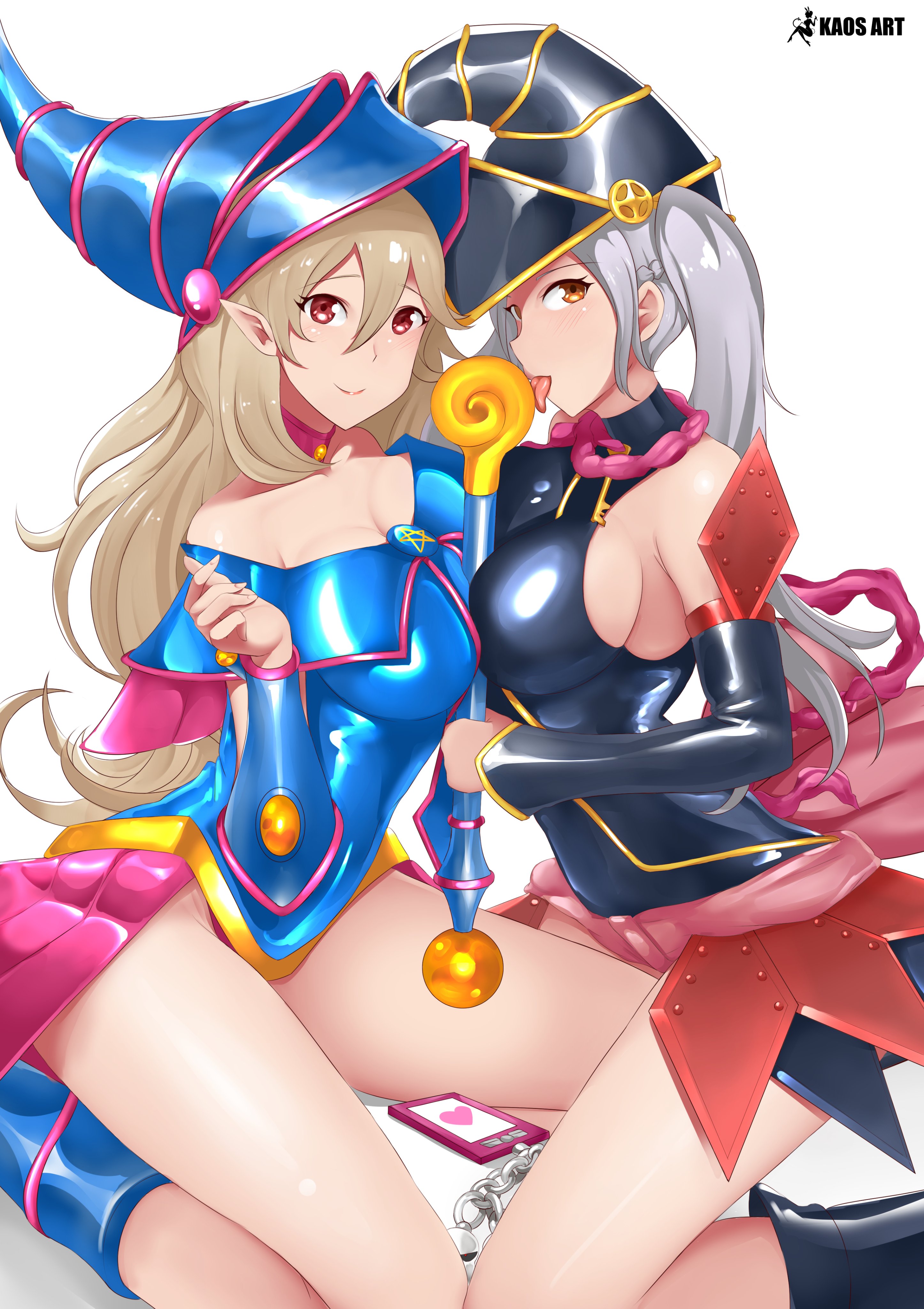 2girls, alternate costume, asymmetrical docking, bare legs, between breasts, breasts, corrin (fire emblem), corrin (fire emblem) (female), cosplay, crossover, dark magician girl, dark magician girl (cosplay), female, female only, fire emblem, fire emblem awakening, fire emblem fates, gagaga girl, kaos art, large breasts, licking, licking object, looking at viewer, multiple females, multiple girls, nintendo, phone, robin (fire emblem), robin (fire emblem) (female), sideboob, suggestive, thighs, yu-gi-oh!