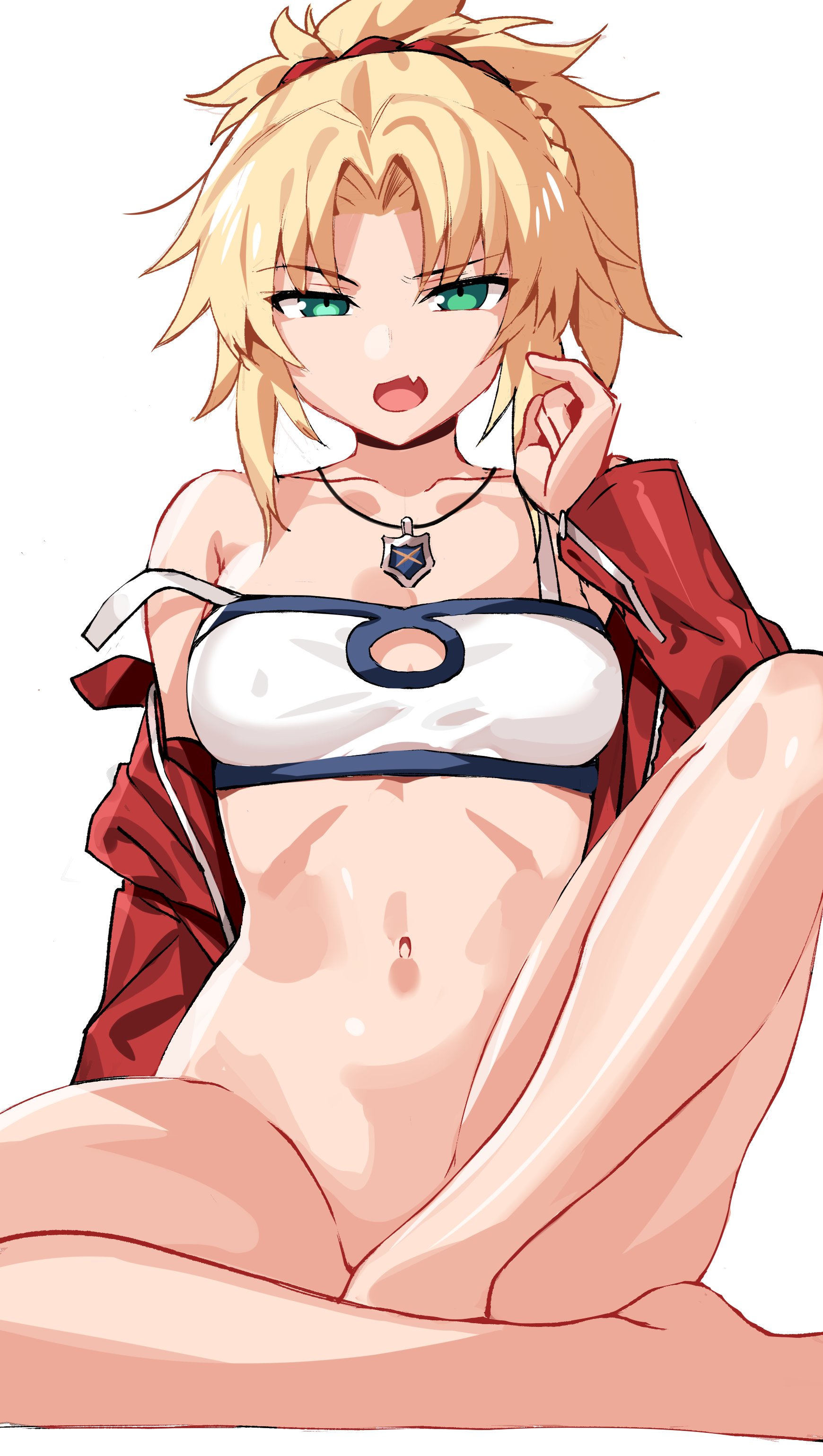 bandeau, bangs, blonde hair, bottomless, braid, breasts, censored, clavicle, convenient censoring, convenient leg, eyebrows visible through hair, fate (series), fate/apocrypha, feet, female, green eyes, high resolution, horny female, jacket, jewelry, knee up, long hair, looking at viewer, medium breasts, messy hair, midriff, mordred (fate), navel, ndgd (bean1215), necklace, oerba yun fang, off shoulder, open clothes, open jacket, open mouth, ponytail, red hair ornament, red jacket, red scrunchie, revealing clothes, scrunchie, sidelocks, simple background, sitting, skin fang, solo, tied hair, very high resolution, villainess