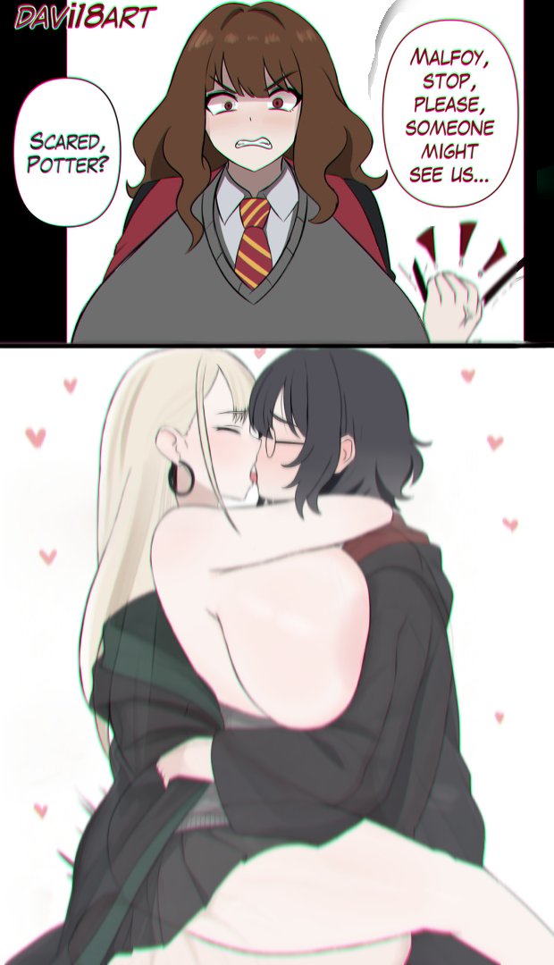 3girls, breasts, breasts bigger than head, davi18art, draco malfoy, draco malfoy (redteneri), female, female focus, genderswap, harry james potter, harry potter, hermione granger, kissing, large breasts, light skin, light-skinned female, looking at viewer, rule 63, school uniform, skirt, thick thighs, thighs, wide hips