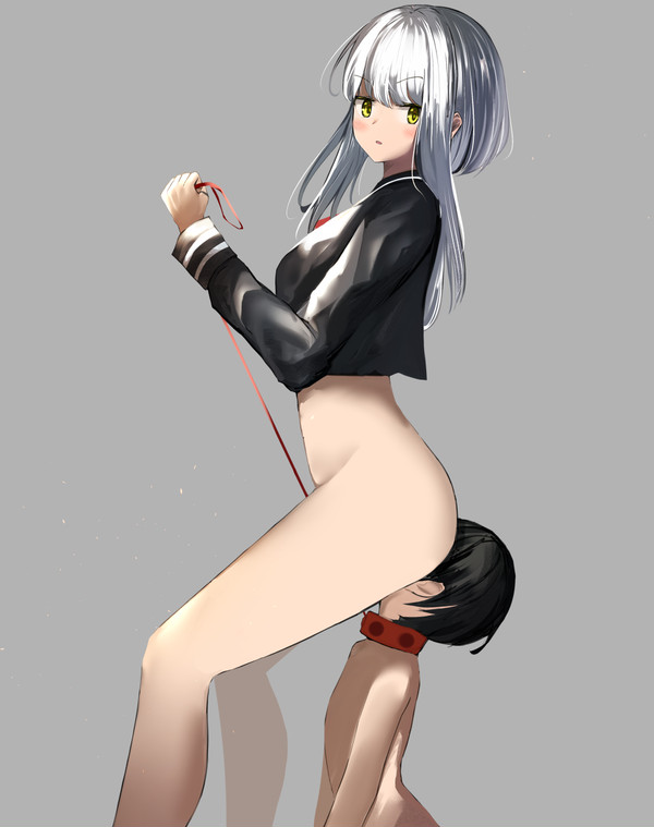 bondage, facesitting, female, femdom, leash, original, original character, school uniform, schoolgirl, simple background, stinkface, tsuchiro, white hair, yellow eyes