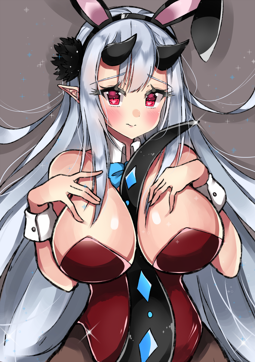 between_breasts blush bunny_ears bunnysuit cleavage dragon_girl dragon_tail epic7 horns large_breasts long_hair looking_at_viewer nervous_smile red_eyes white_hair yufine_(epic7)