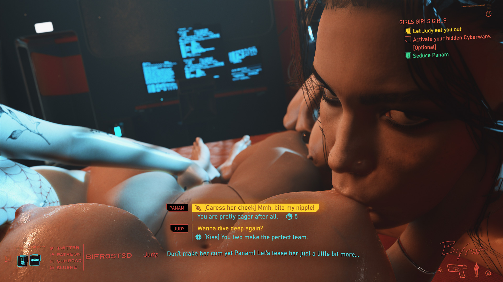 3d, 3girls, bifrost3d, big breasts, big nipples, breast sucking, breasts, cyberpunk 2077, female, female only, female pov, fff threesome, fingering, judy alvarez, looking at viewer, nipple suck, nipple sucking, panam palmer, pov, threesome, v (cyberpunk 2077), valerie (cyberpunk 2077), yuri