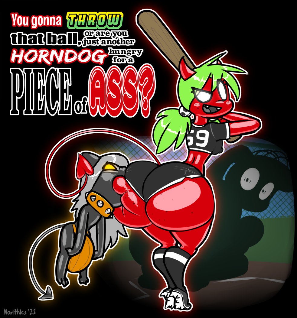 1boy 1boy1girl 1girls ass ass_biting ass_freckles banana_hammock baseball baseball_bat bat_(object) big_ass big_bulge big_butt black_tongue bottomwear bulge buttercup_succ cleats clothed clothing collar deep_skin demon demon_girl demon_horns demon_humanoid demon_tail duo english_text featureless_eyes female genital_outline glistening glistening_body glistening_skin green_hair hair horns hotpants huge_ass huge_bulge huge_butt humanoid imp jersey looking_at_viewer male male/female nipple_bulge nipple_outline norithics norithics_"nori"_kusemurai penis_outline red_body red_skin shorts silhouette size_difference small_but_hung spade_tail spiked_collar spikes succubus text tiptoes tongue twintails white_eyes yellow_eyes