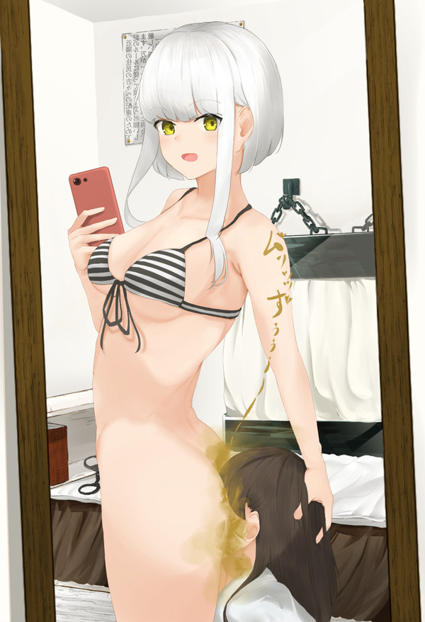 2girls, bikini top, brown hair, fart, fart fetish, farting in face, female, female only, humiliation, mirror, mirror selfie, multiple females, multiple girls, original, original character, short hair, smartphone, striped bikini, tsuchiro, white hair, yellow eyes, yuri