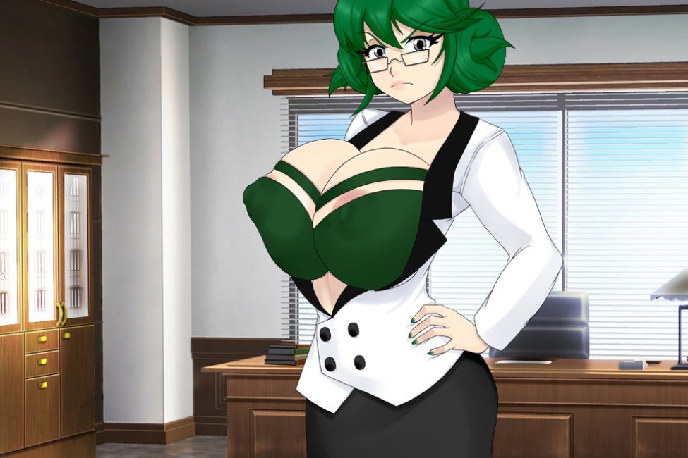 1girls angry annoyed big_breasts breast_squeeze breasts business_woman clothed clothed_female female female_focus female_only game_cg glasses green_hair hand_on_hip huge_breasts looking_at_viewer office office_lady pencil_skirt pov rinoga_(umichan) slender_waist spiralvortexplay ttrop umichan umichan_maiko_classroom_havoc_(umch) vortex00