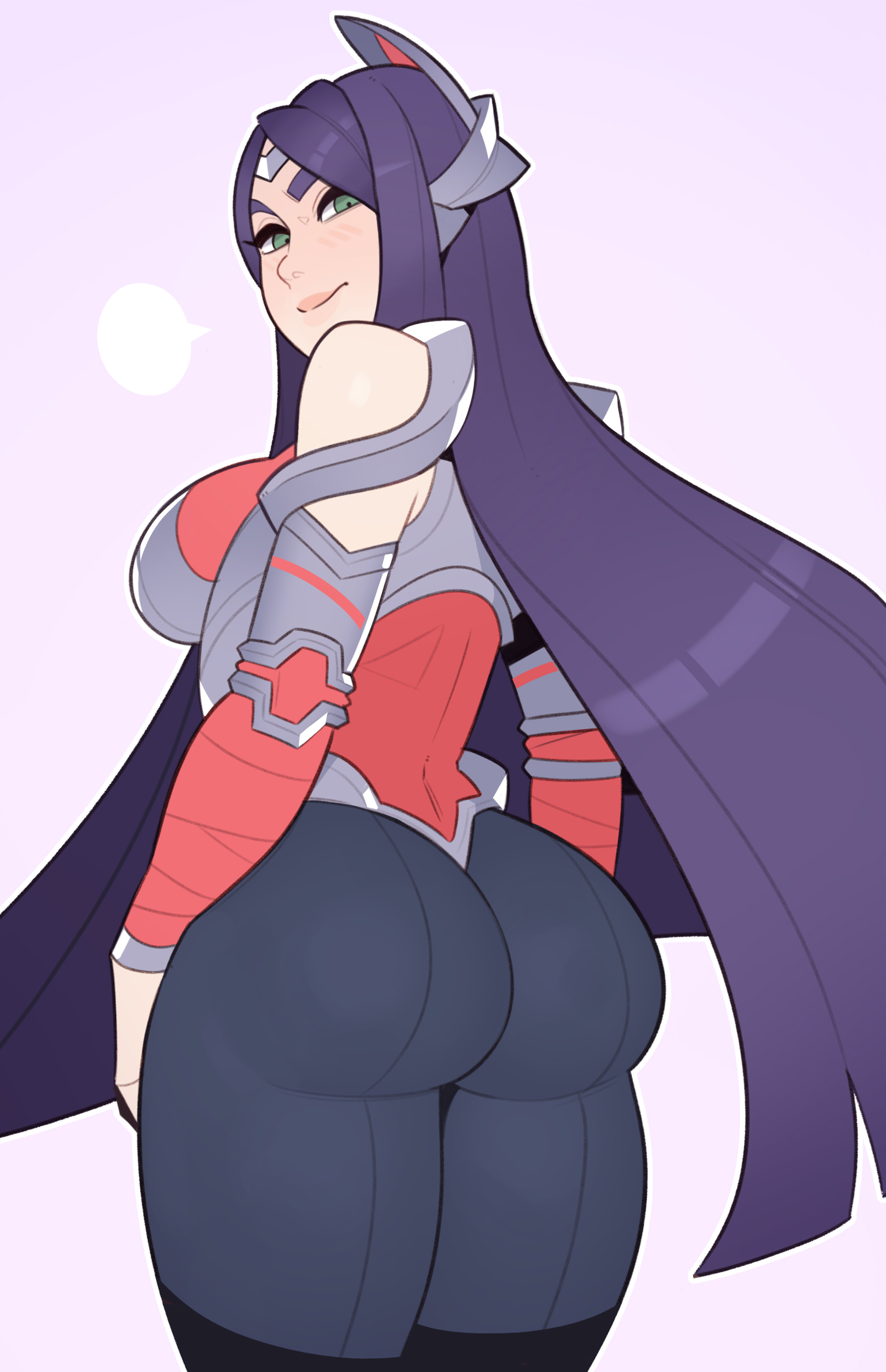 1girls, 2021, absurdres, ass, big ass, female, female only, fully clothed, highres, irelia xan, league of legends, looking at viewer, looking back, solo, splashbrush, thick thighs, wide hips
