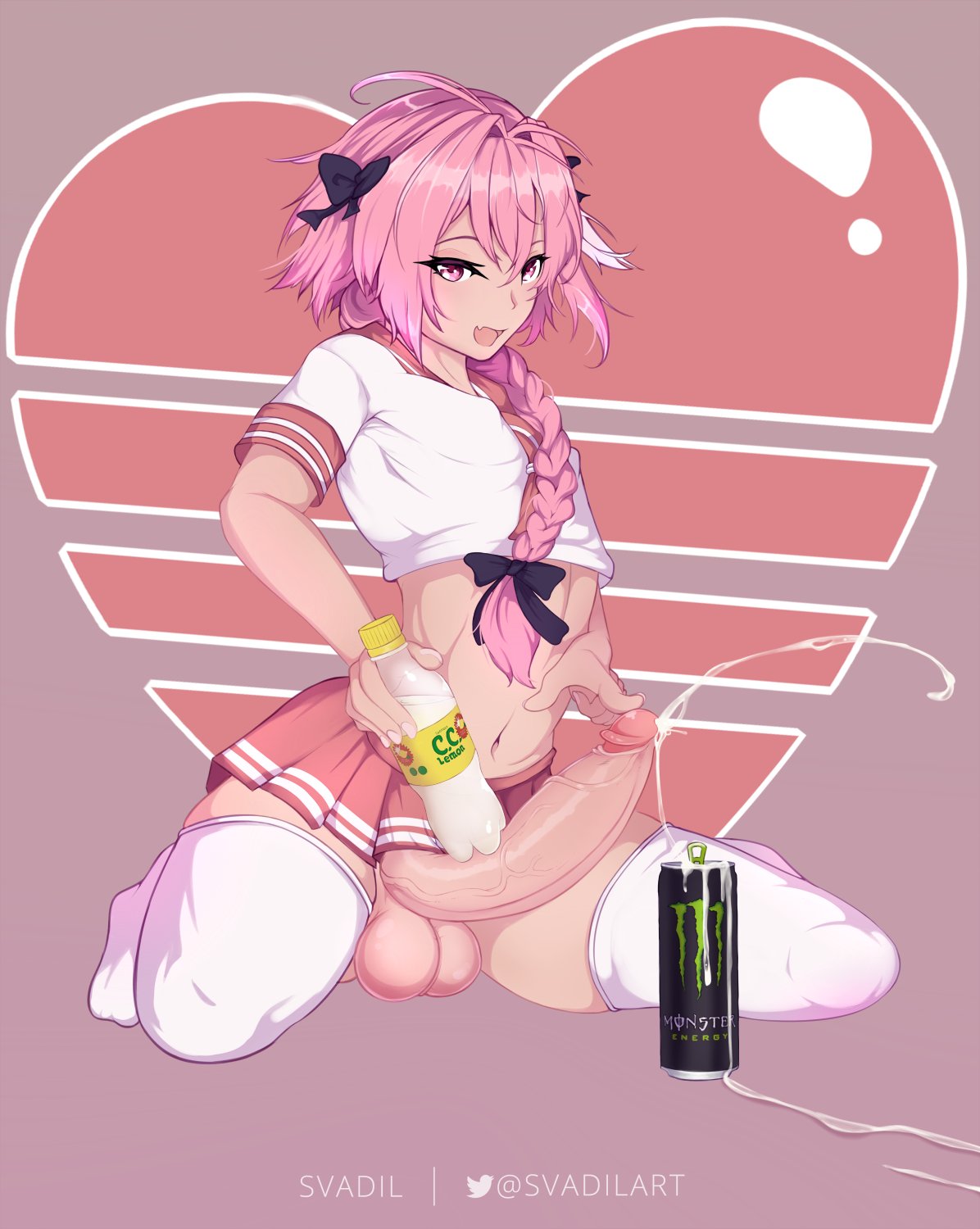 1boy astolfo_(fate) astolfo_monster_cosplay_(meme) balls big_balls big_penis cum_in_container erection fate/apocrypha fate_(series) femboy girly huge_cock hung_trap male male_only meme monster_energy penis solo svadil testicles thighhighs trap veiny_penis