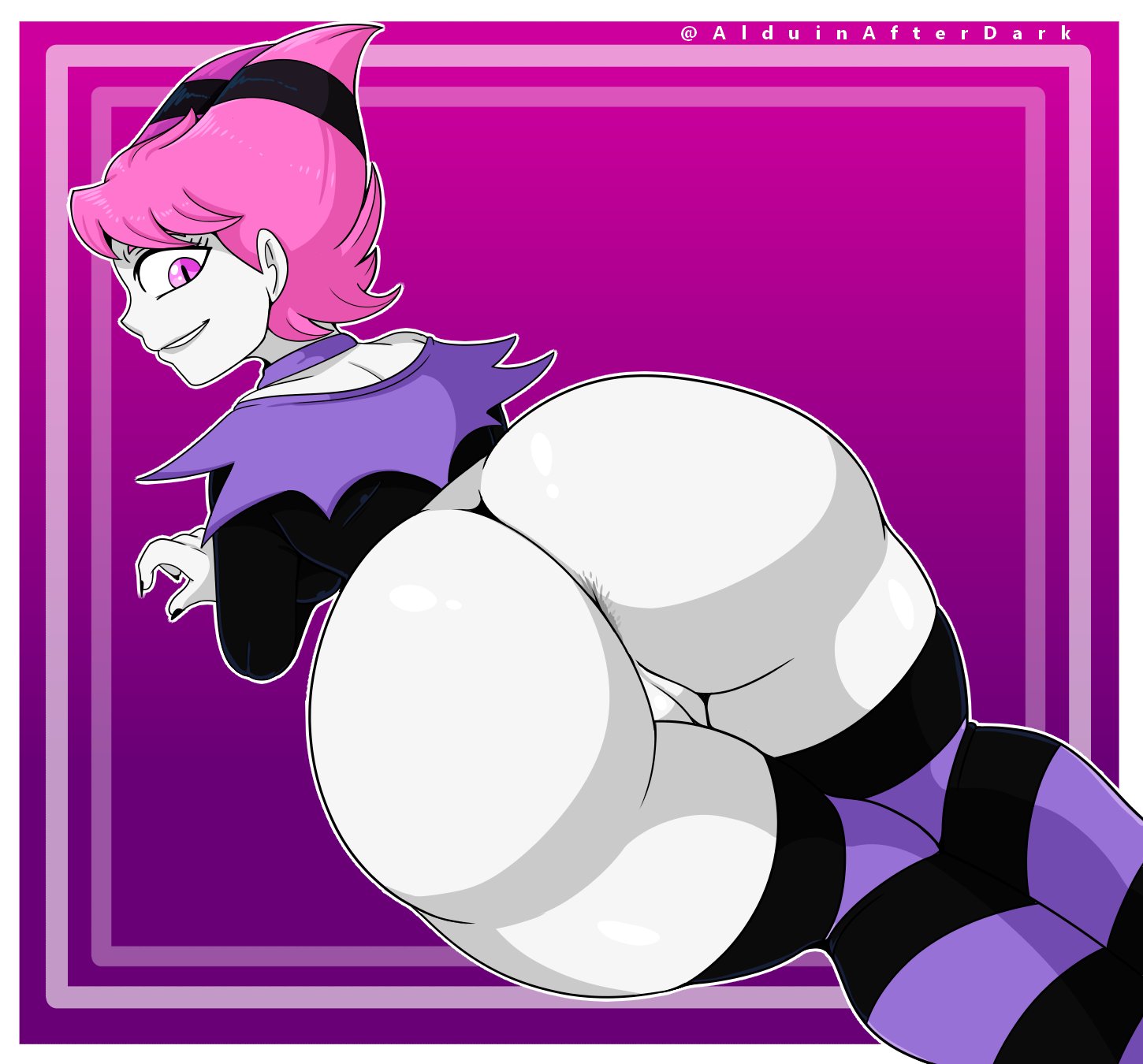 1girls, alduinarts, anus, ass, big ass, bottomless, dc, dc comics, female, from behind, goth, grey skin, huge ass, jinx (dc), large ass, looking back, partially clothed, pink eyes, pink hair, solo, stockings, striped legwear, teen titans, twintails