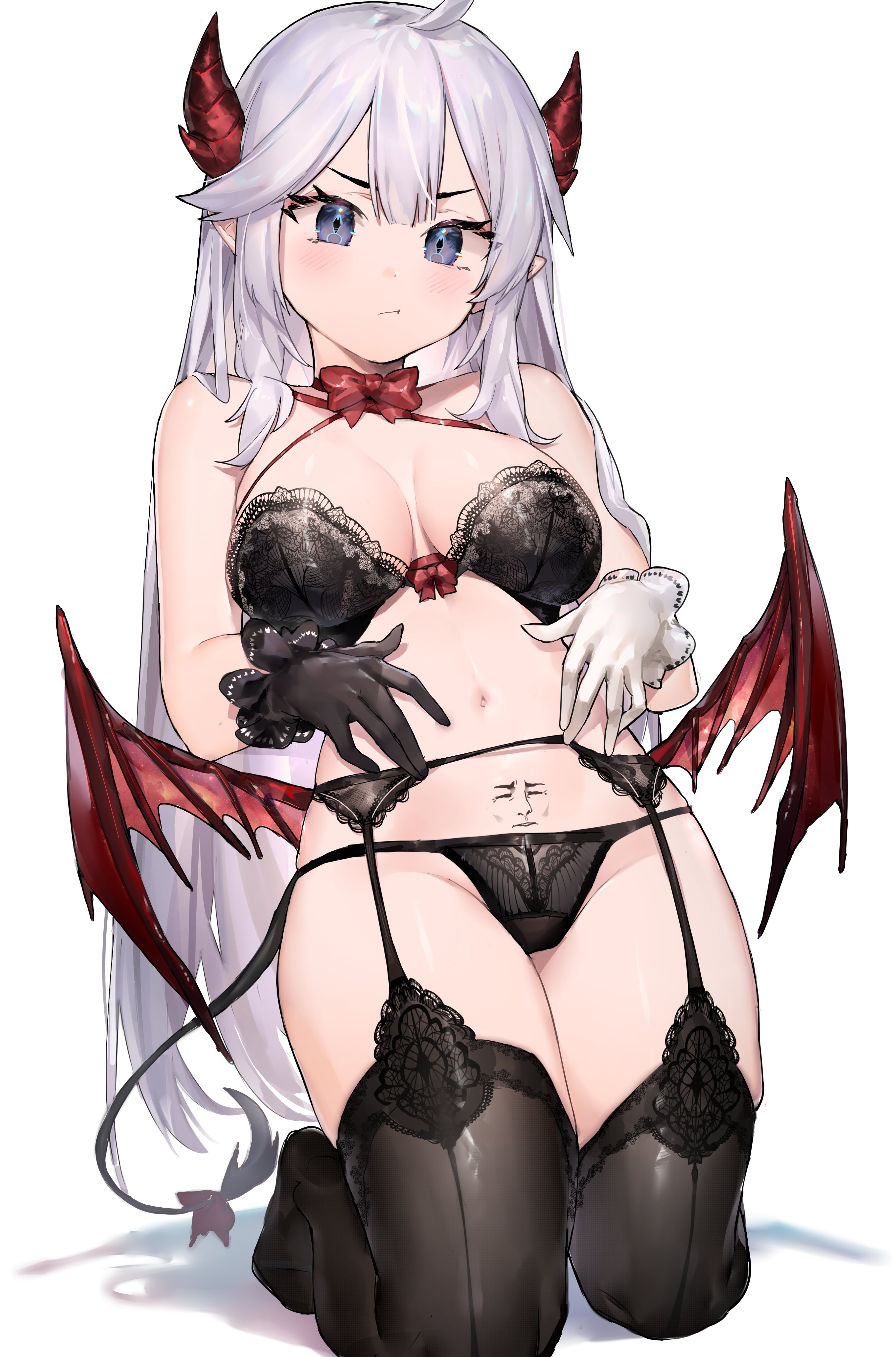 bra, demon, demon horns, demon wings, female, garter belt, garter straps, gloves, horns, indie virtual youtuber, lingerie, long hair, navel, neonbeat, panties, pubic tattoo, succubus, thighhighs, underwear, veibae, virtual youtuber, vshojo, white background, white hair