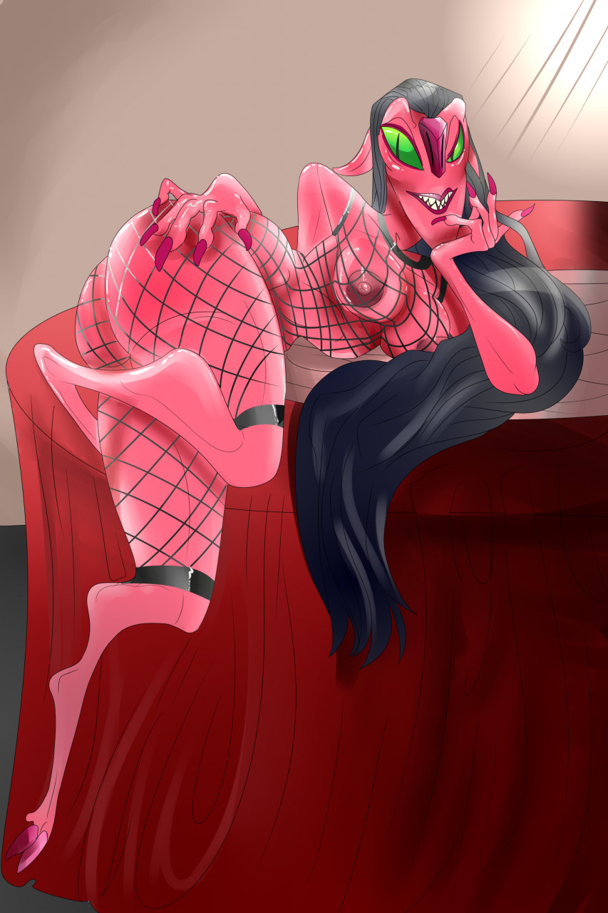 ass, bed, black hair, changeling, claws, female, female only, fishnet, fishnets, green eyes, hooves, long hair, long nails, nipples, nomura, pink nose, pink skin, presenting, sharp claws, sharp fingernails, sharp teeth, tales of arcadia, thick ass, thick thighs, thin waist, troll, troll female, trollhunters, unguligrade, unguligrade legs